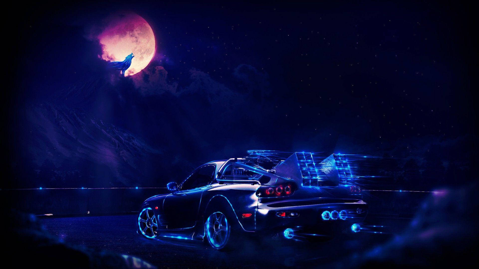 霓虹跑車夜景 壁紙 — 一輛發光的藍色跑車在血紅色的月亮下疾馳，一隻嚎叫的狼棲息在車頂上，背景是繁星點點的夜晚山脈。