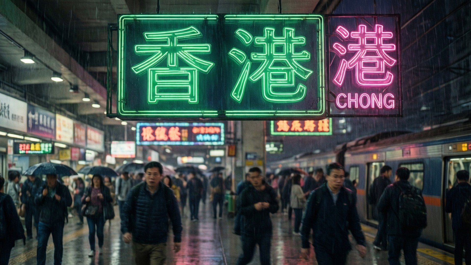 霓虹車站人潮 壁紙