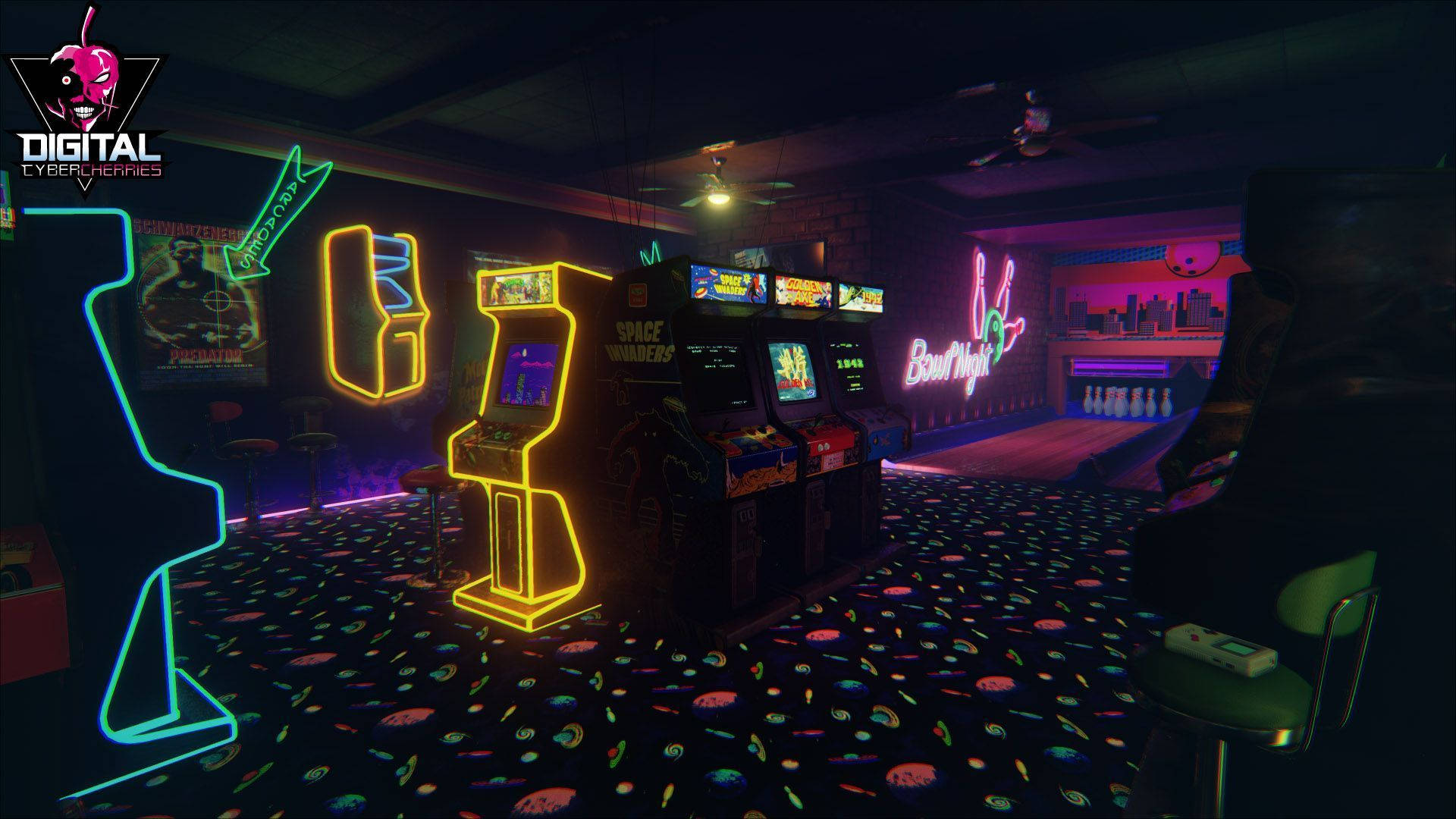 復古遊戲機房，發光的機櫃和彩色地毯，在昏暗的燈光下。