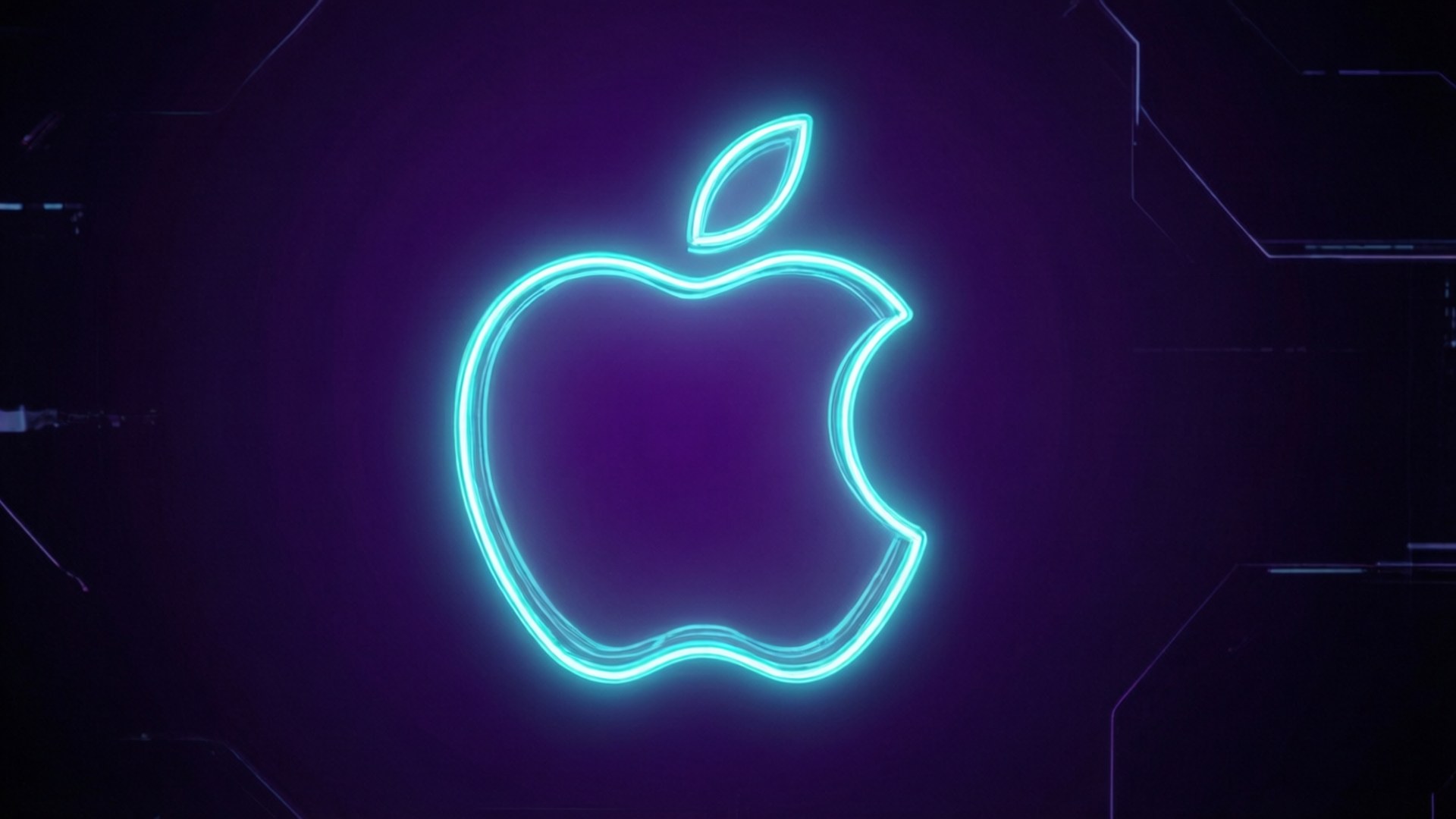 霓虹藍色Apple標誌在黑暗的數碼空間中與電路線條一起發光。