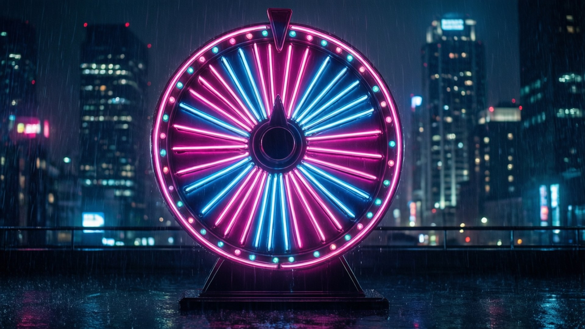 霓虹輪在雨中旋轉，背景是城市燈光