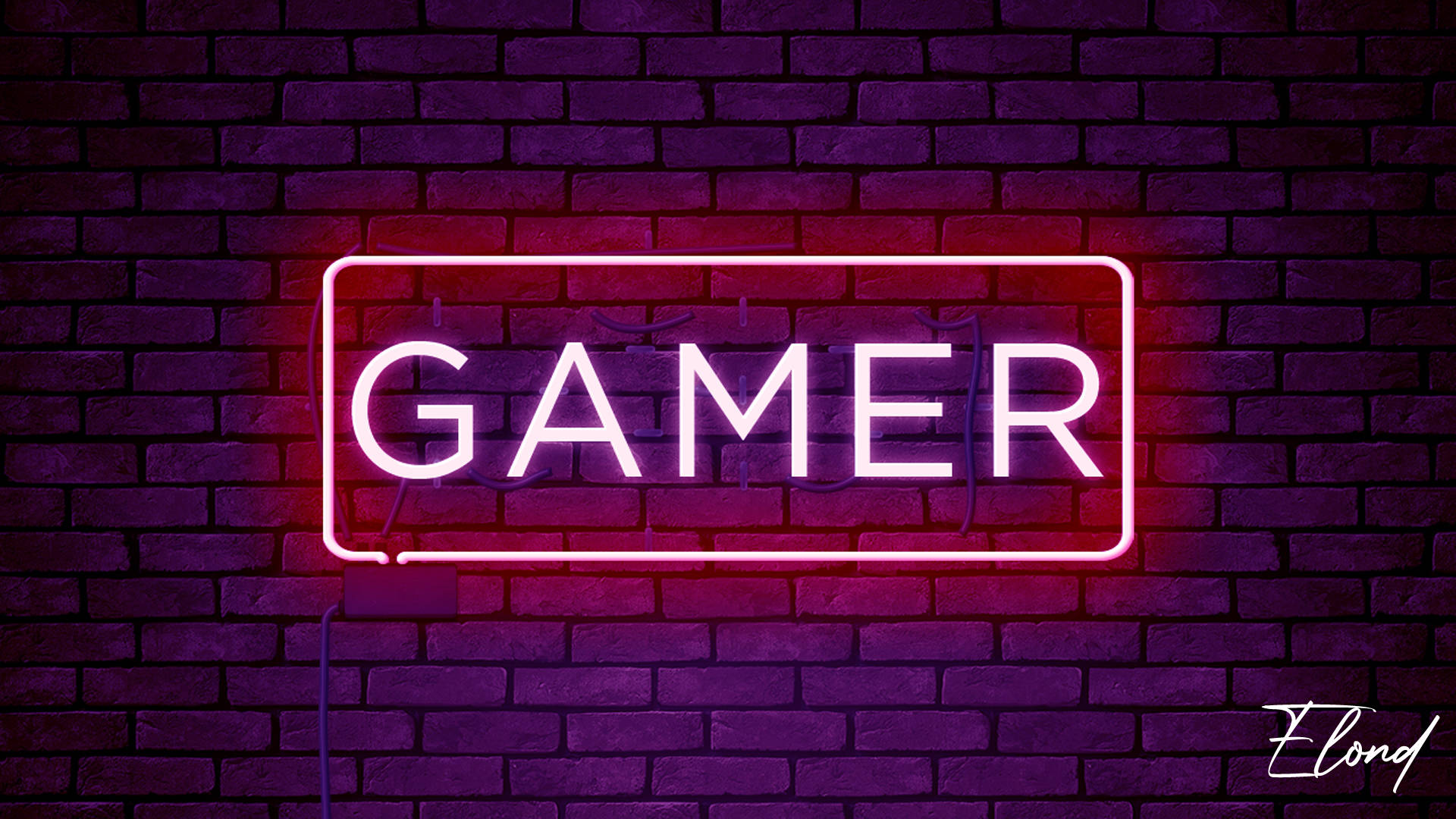 霓虹遊戲標誌 壁紙 — 一個發光的粉紅色霓虹燈牌，拼寫出GAMER，在夜晚將鮮豔的光芒投射在深色磚牆上。