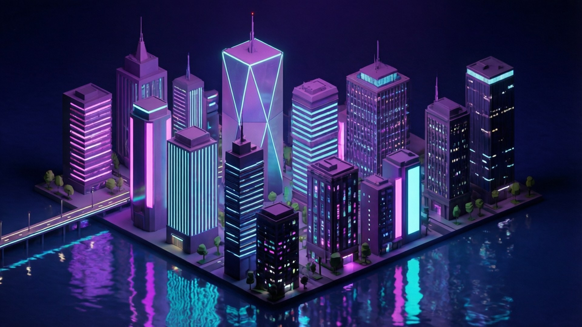 霓虹燈照亮的摩天大樓在暗水中倒映，未來主義城市夜景。