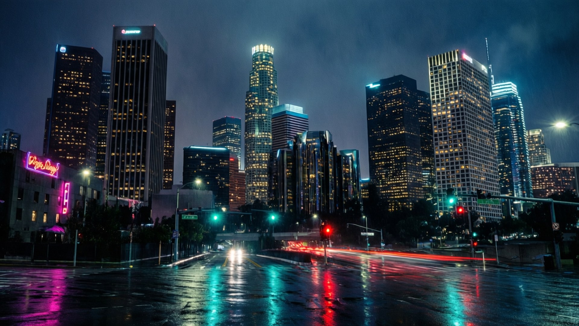 雨夜城市景觀，發光的摩天大樓和濕漉漉的街道反射著霓虹燈光。