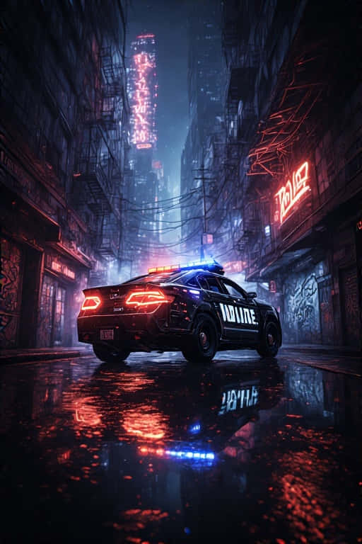 警車閃著警燈停在雨中霓虹巷弄裡，兩旁是高樓大廈。 — 暗夜城市 壁紙