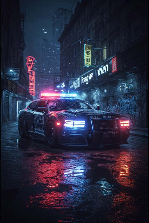 霓虹都市中未來感警車巡邏 4K 壁紙 — 一輛警車閃爍著紅藍燈光，在夜晚駛過被雨水浸濕、霓虹燈閃爍的都市小巷。