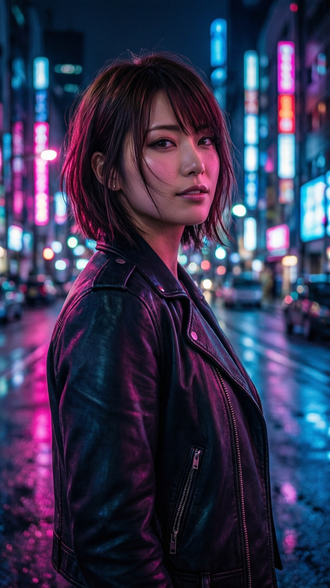 霓虹都市夜景 壁紙 — 一名身穿皮褸的女子在夜晚的雨中城市街道上，霓虹燈光映照在濕漉漉的路面上。