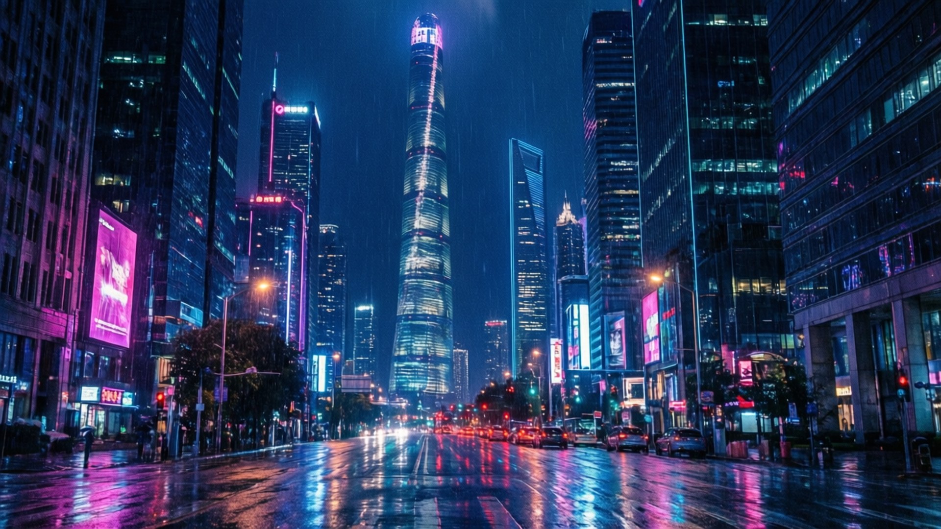 雨夜城市景觀，發光的霓虹招牌和濕漉漉的街道反射燈光。