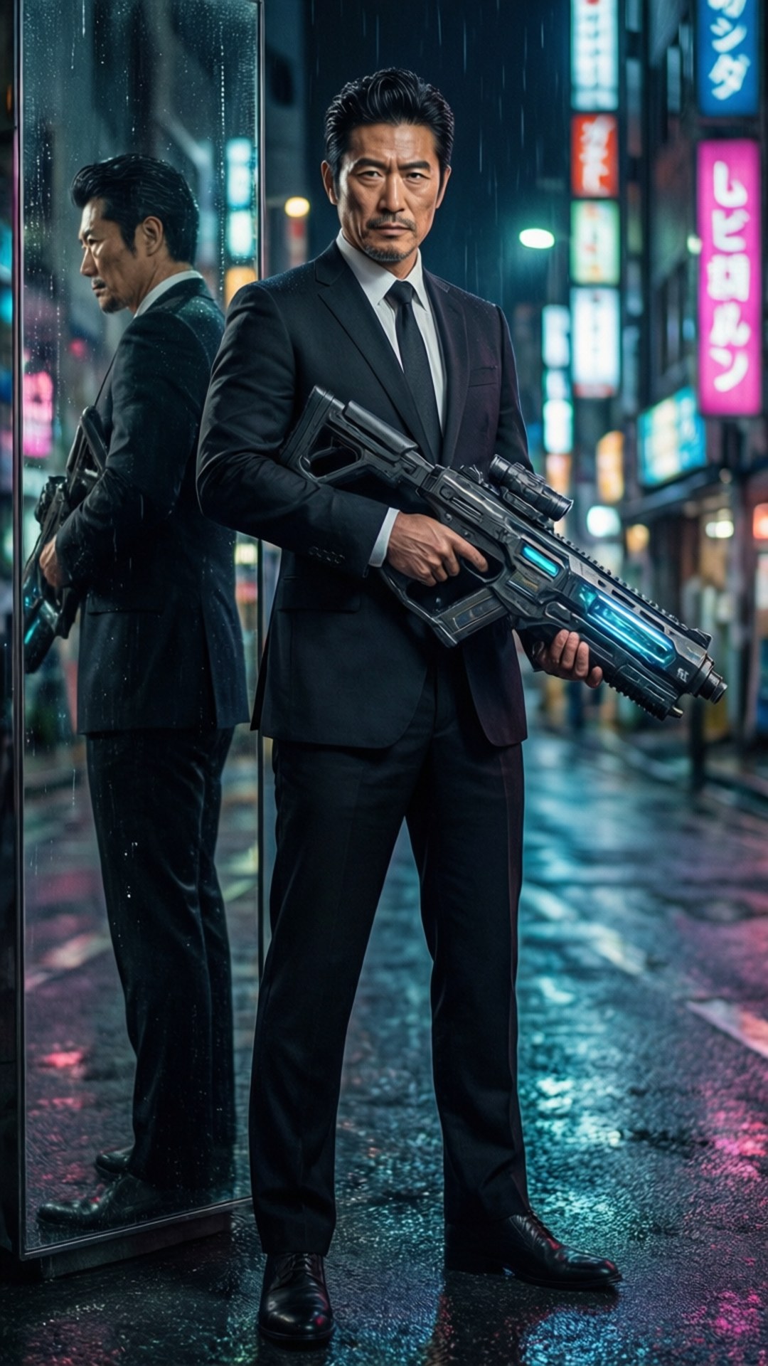 穿西裝的男人在雨夜霓虹燈城市街道上拿著未來風格的步槍。