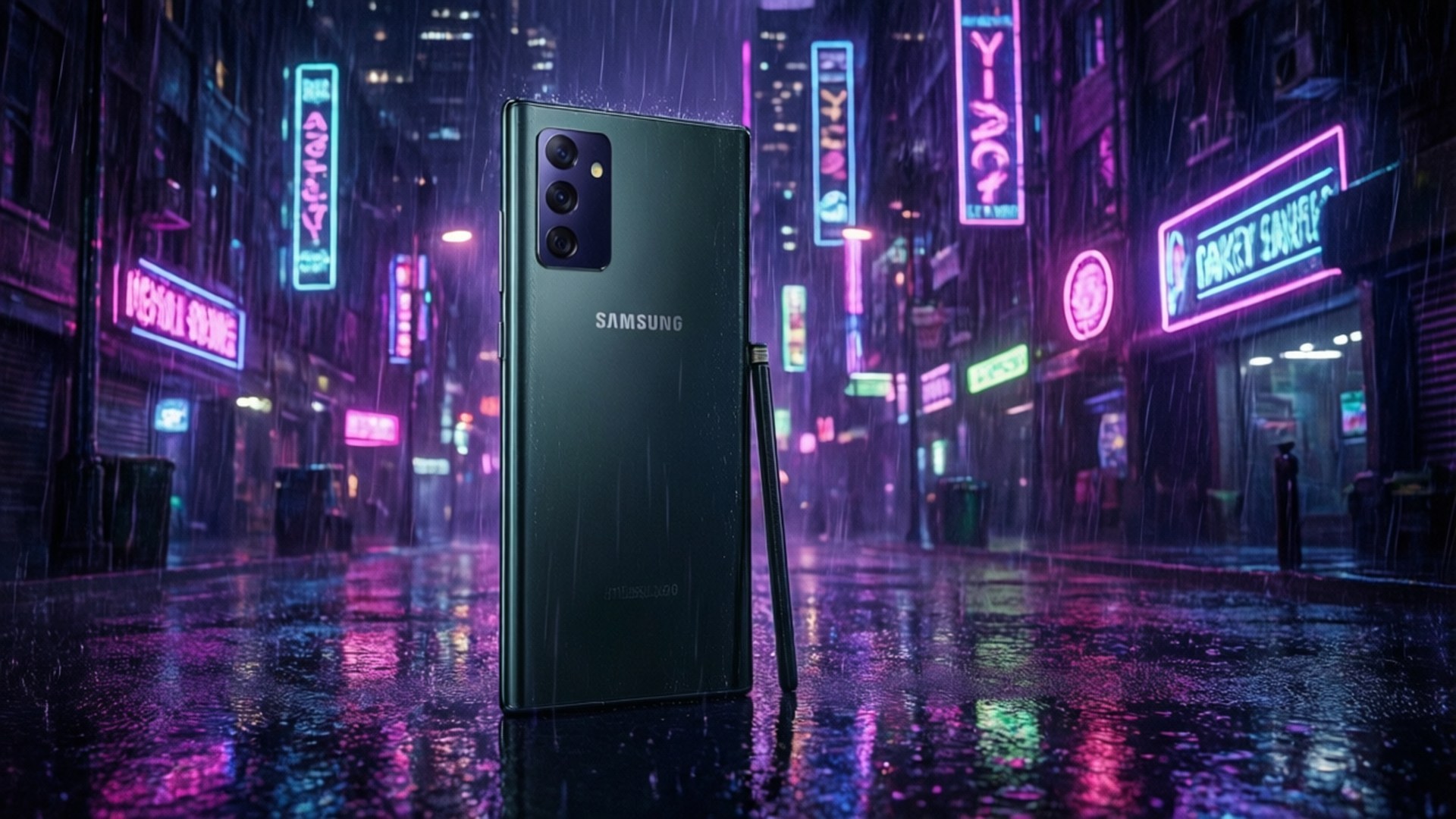 黑色Samsung手機在雨城市霓虹燈下立於濕街