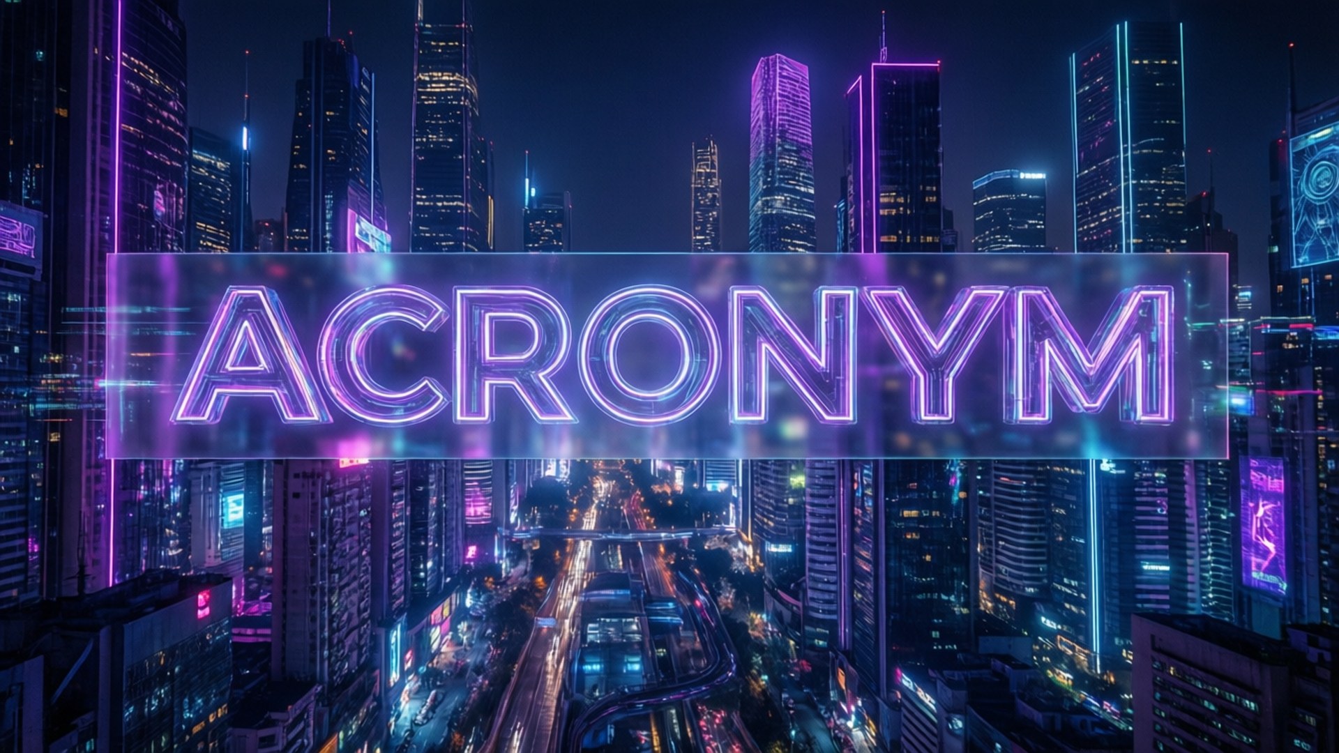 霓虹都市縮寫 壁紙 — 一個發光的霓虹燈牌，上面寫著「ACRONYM」，懸浮在未來主義的城市夜景之上，帶有紫色和藍色的燈光。