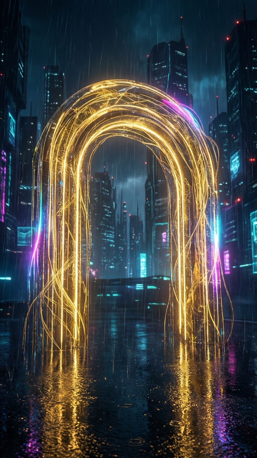 霓虹金拱門 壁紙 — 一道發光的金色光拱在雨濕的霓虹城市夜景中脈動，高聳的摩天大樓倒映在濕漉漉的街道上。