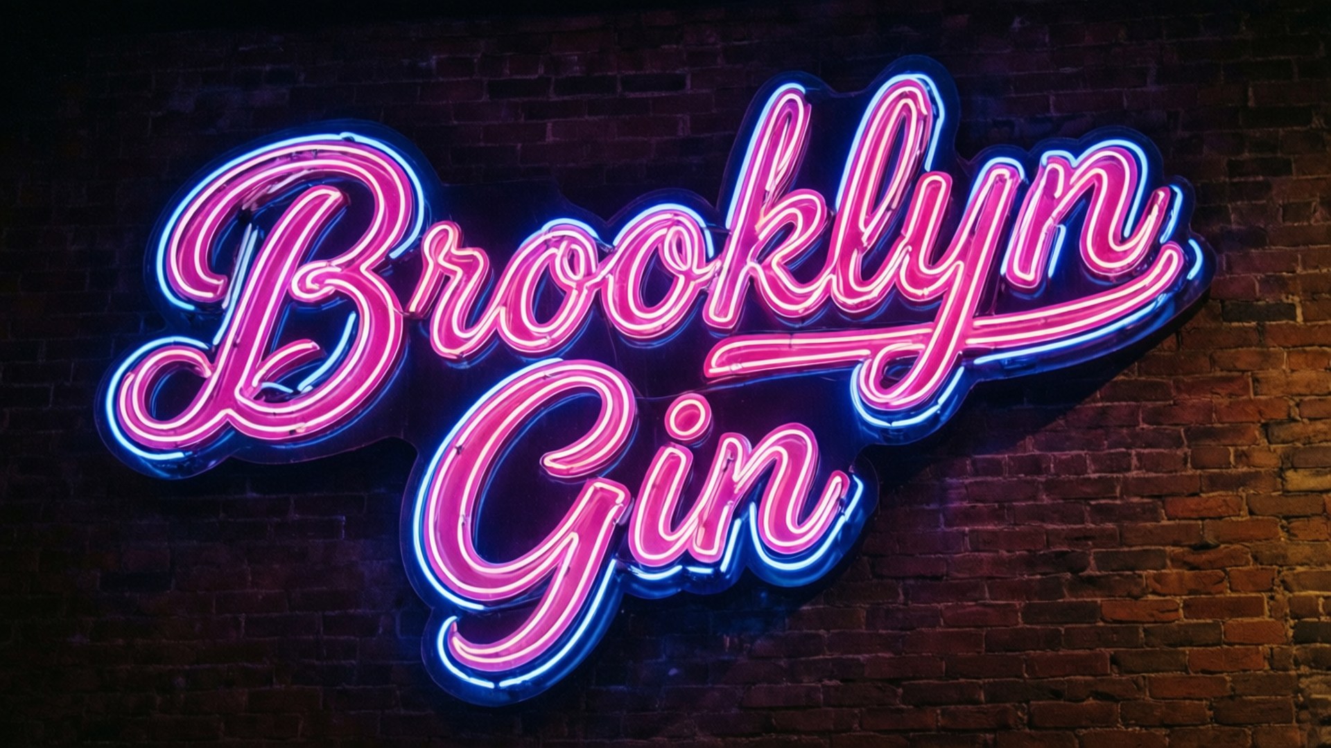 夜晚在磚牆上發光的 Brooklyn Gin 霓虹燈招牌。