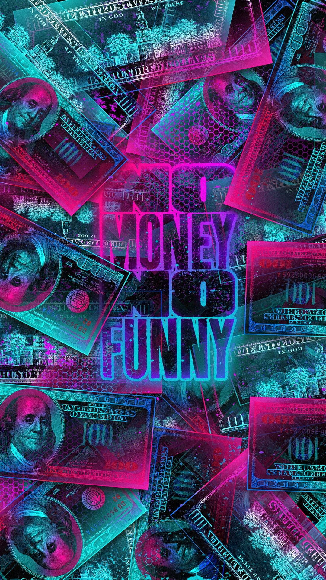螢光色的一百美元鈔票，帶有發光文字「no money no funny」。