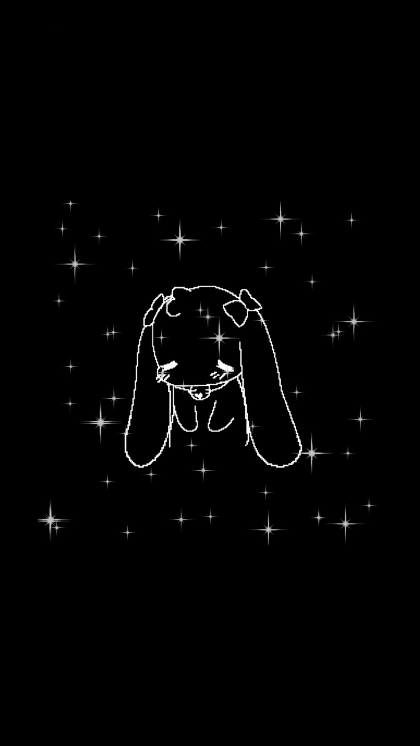 霓虹銀河的美麗超越星辰 壁紙 — 一隻白色線條藝術的長耳兔，戴著蝴蝶結，坐在黑色背景上閃爍的星星之間。