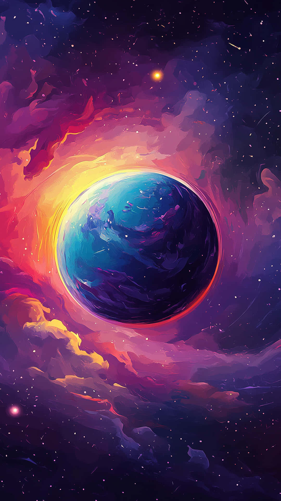 一顆藍色行星在色彩繽紛的宇宙星雲中發光，伴有星星和旋轉的雲