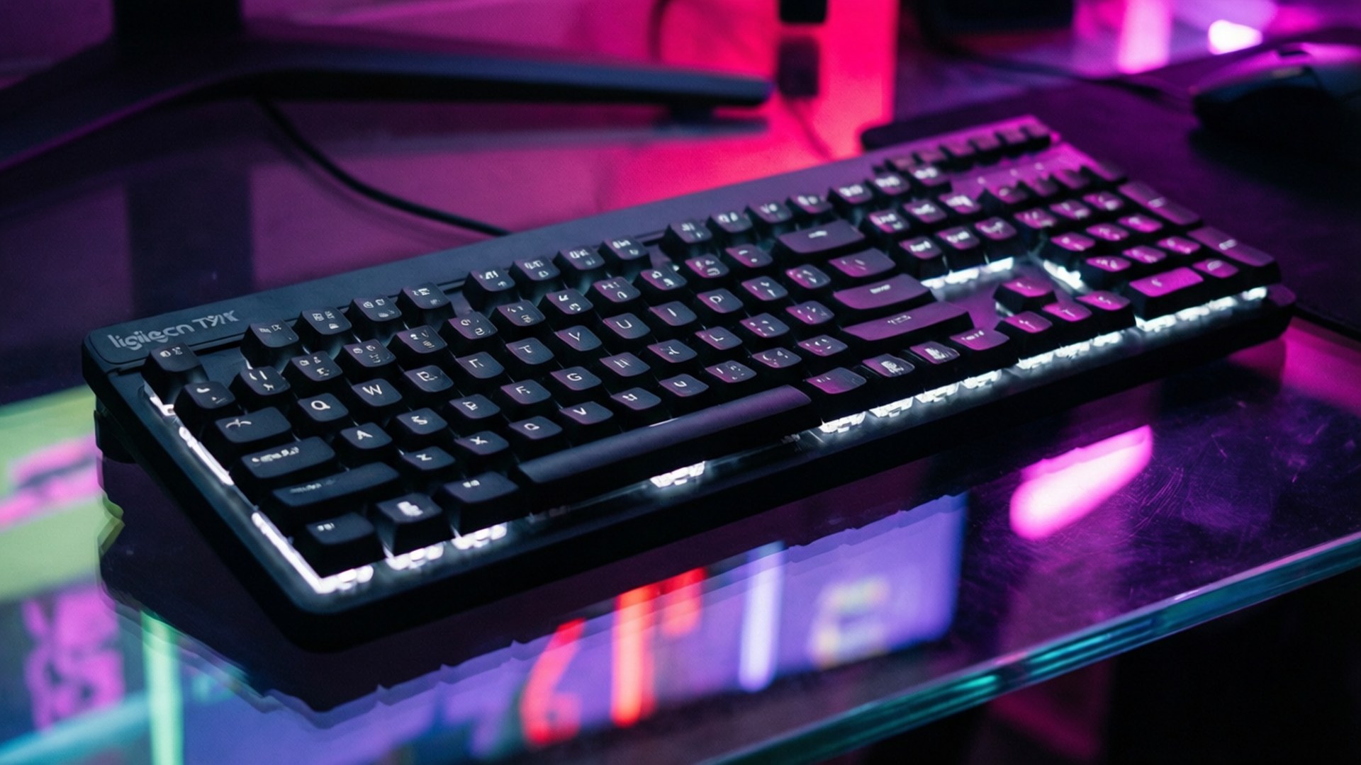霓虹鍵盤 壁紙 — 一個黑色Logitech鍵盤帶有白色背光，放置在反光玻璃桌上，在充滿活力的粉紅色和紫色霓虹燈光下。