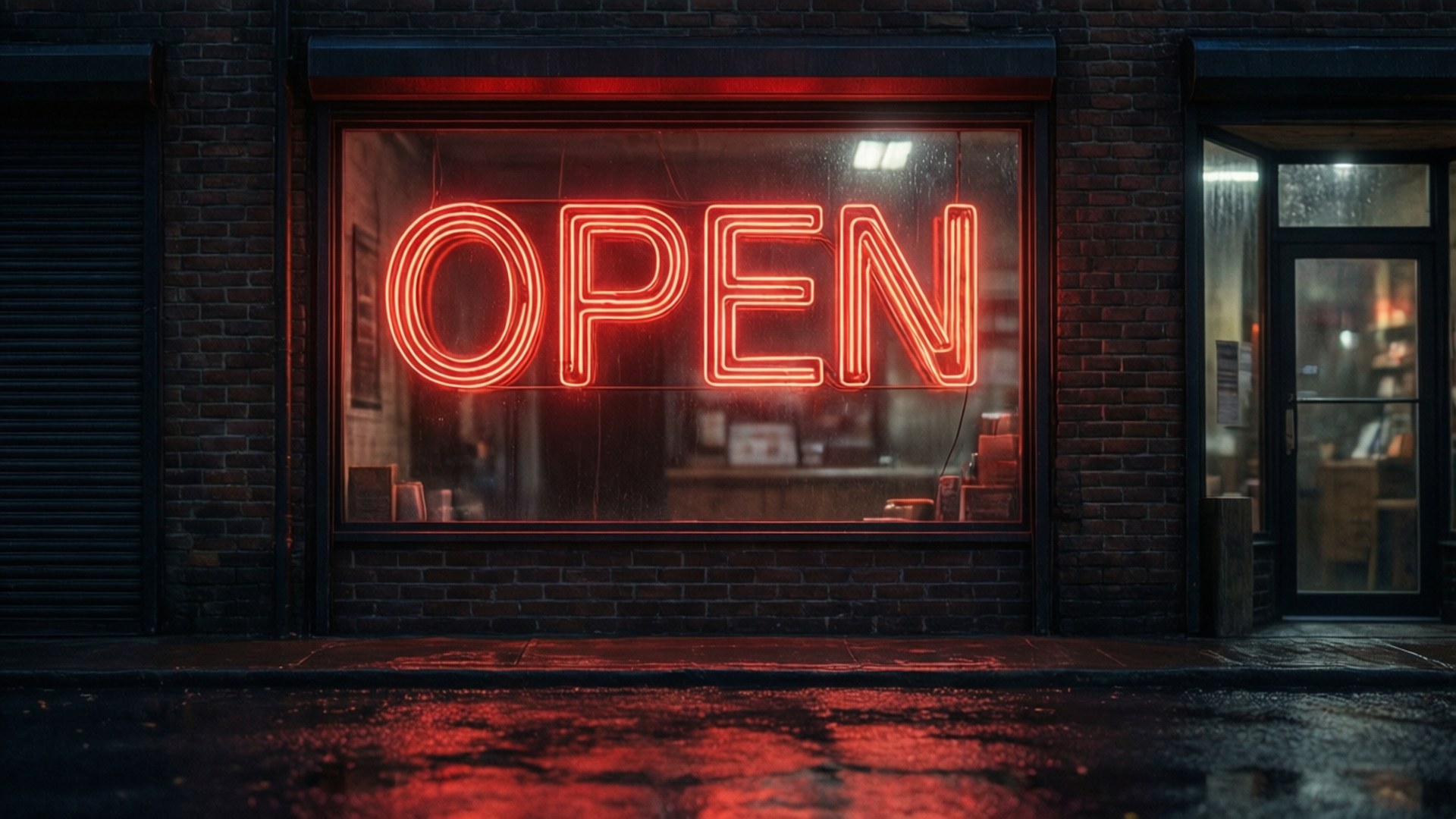霓虹開店招牌 壁紙 — 一個發光的紅色霓虹燈 OPEN 標誌照亮了磚砌商店櫥窗，在潮濕的雨夜中將倒影投射在路面上。