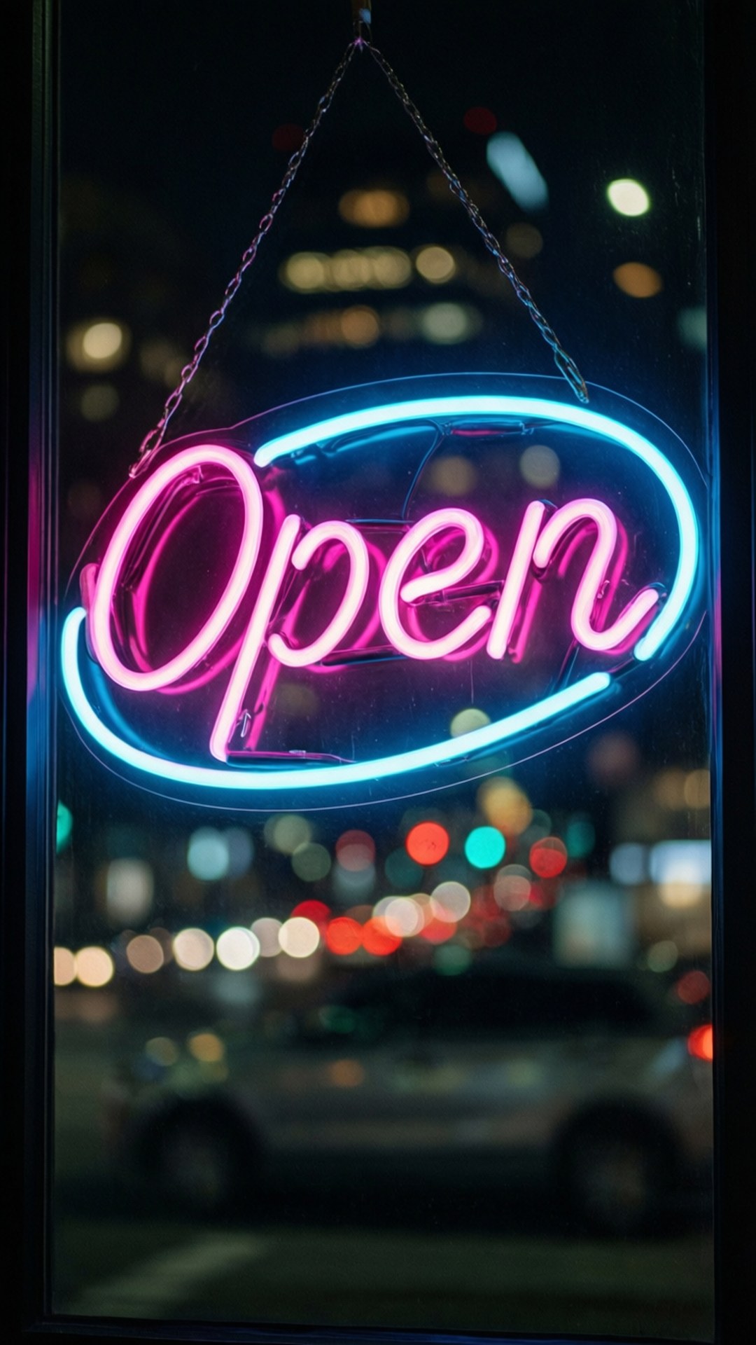 夜間商店櫥窗中發光的霓虹燈營業中招牌。