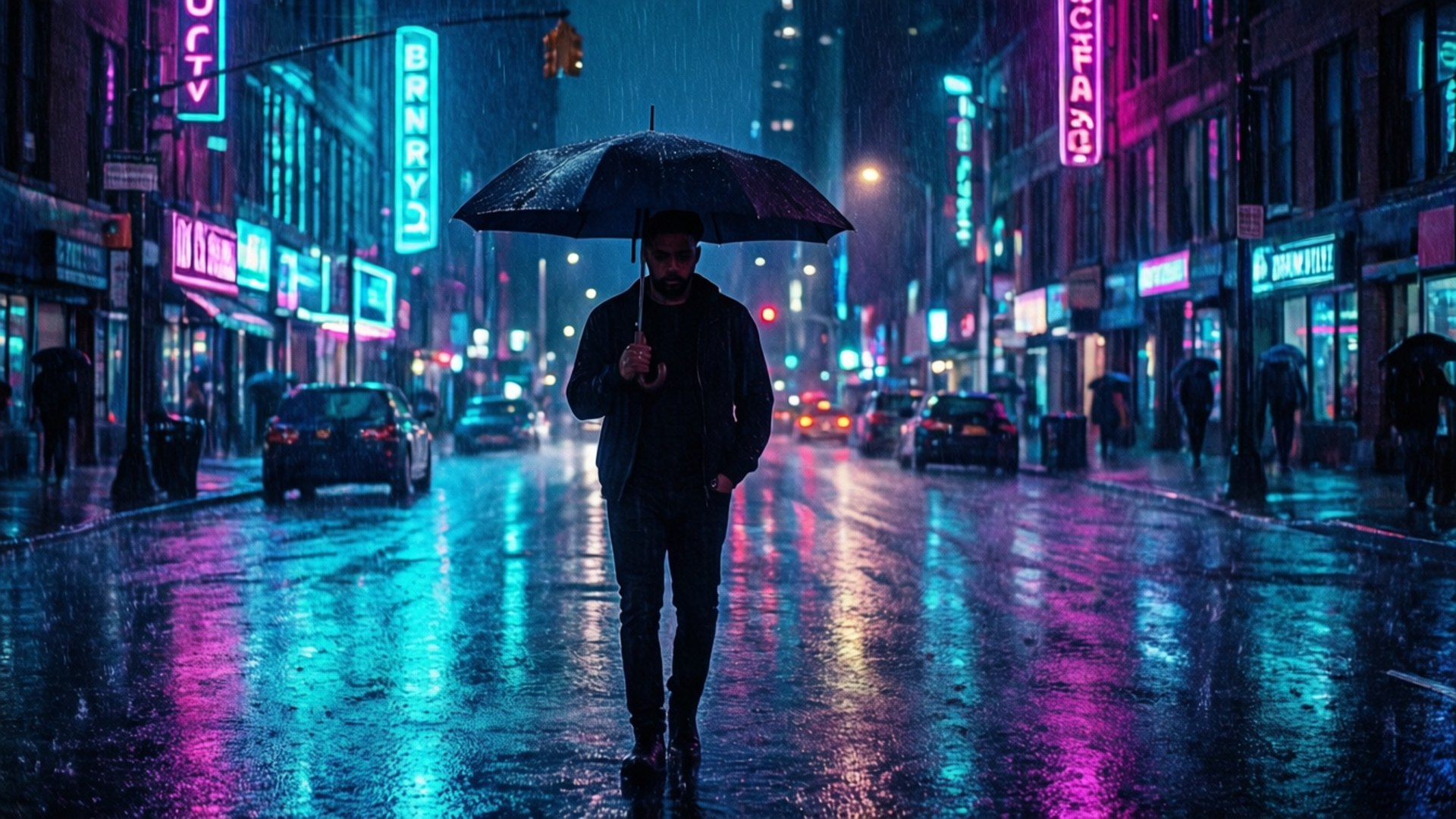 男人在夜晚撐著傘走在霓虹燈照亮的城市街道上。