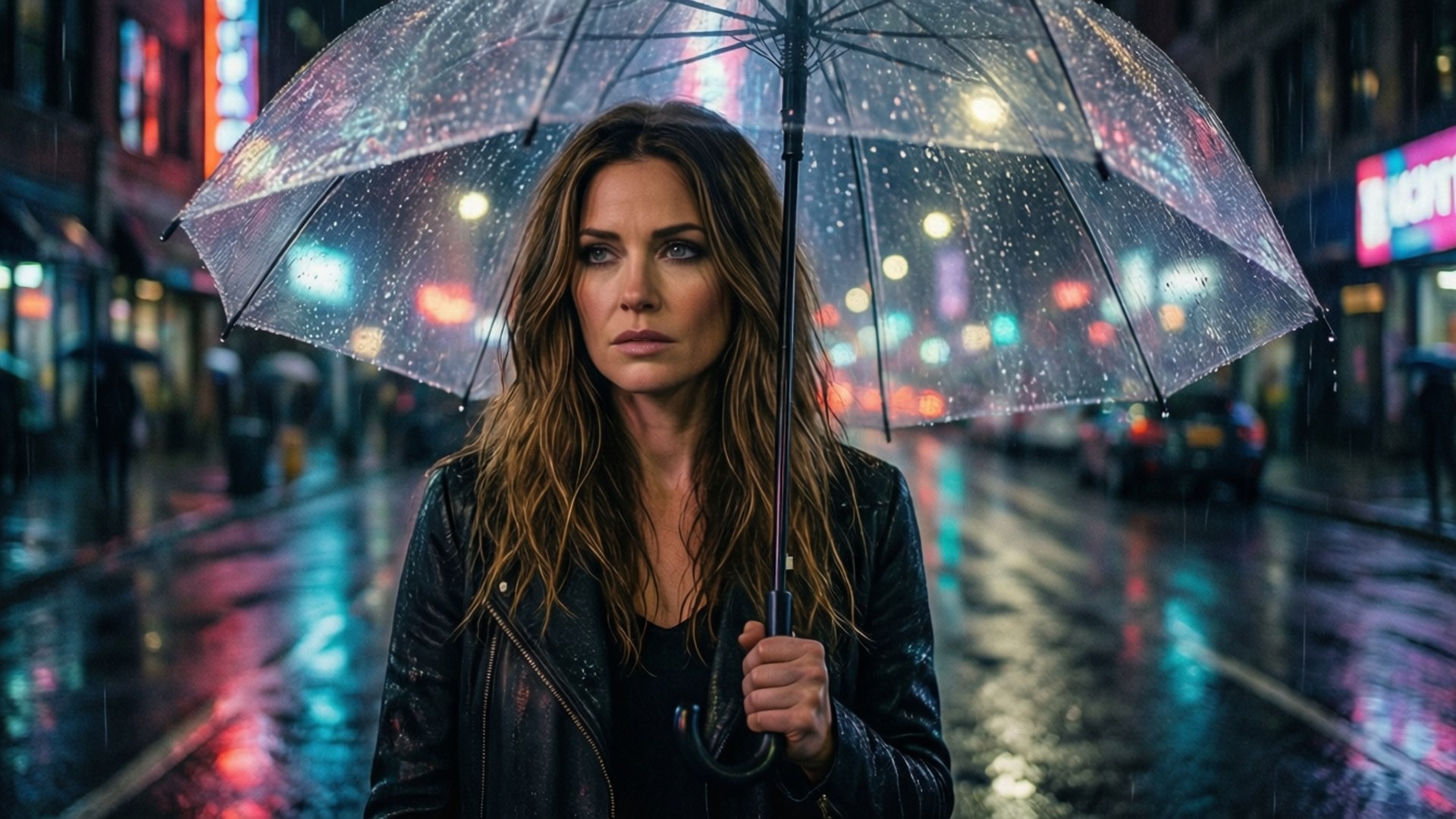 女人在夜晚雨中的城市撐傘，霓虹燈光反射在濕漉漉的人行道上。