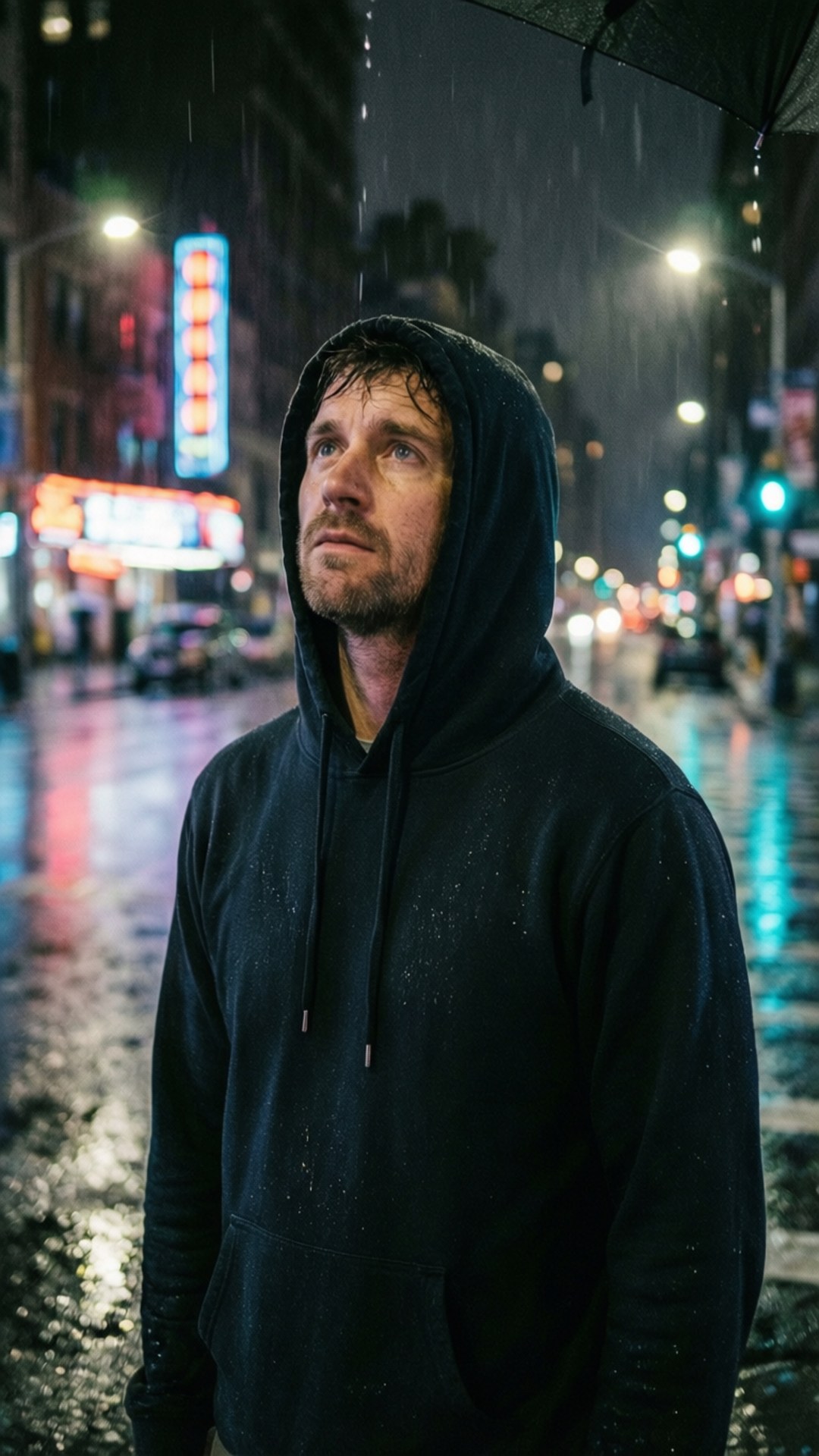 身穿黑色連帽衫的男子在雨夜城市中撐傘，霓虹燈光反射在濕滑的人行道上。
