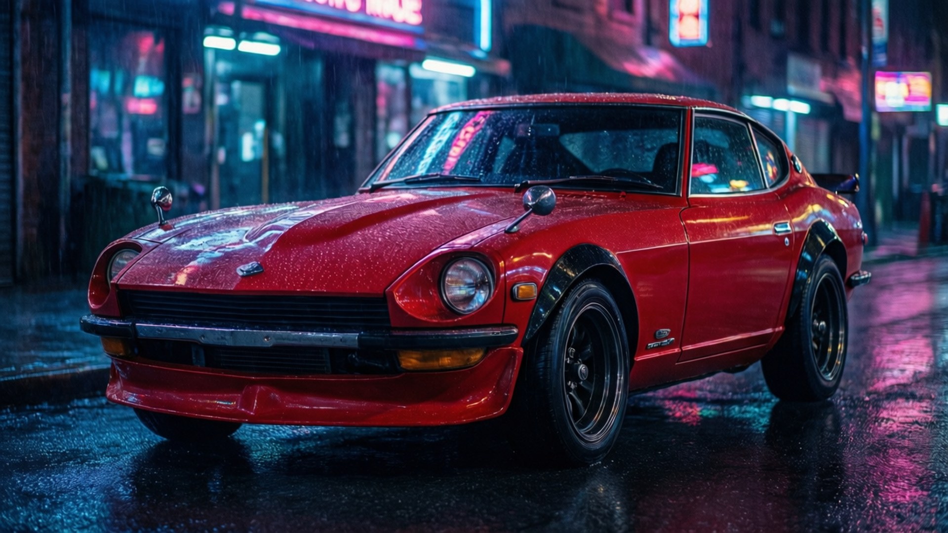 霓虹雨夜倒影 壁紙 — 一輛光澤的紅色經典跑車在夜間濕漉漉的城市街道上，在霓虹燈下閃閃發光。