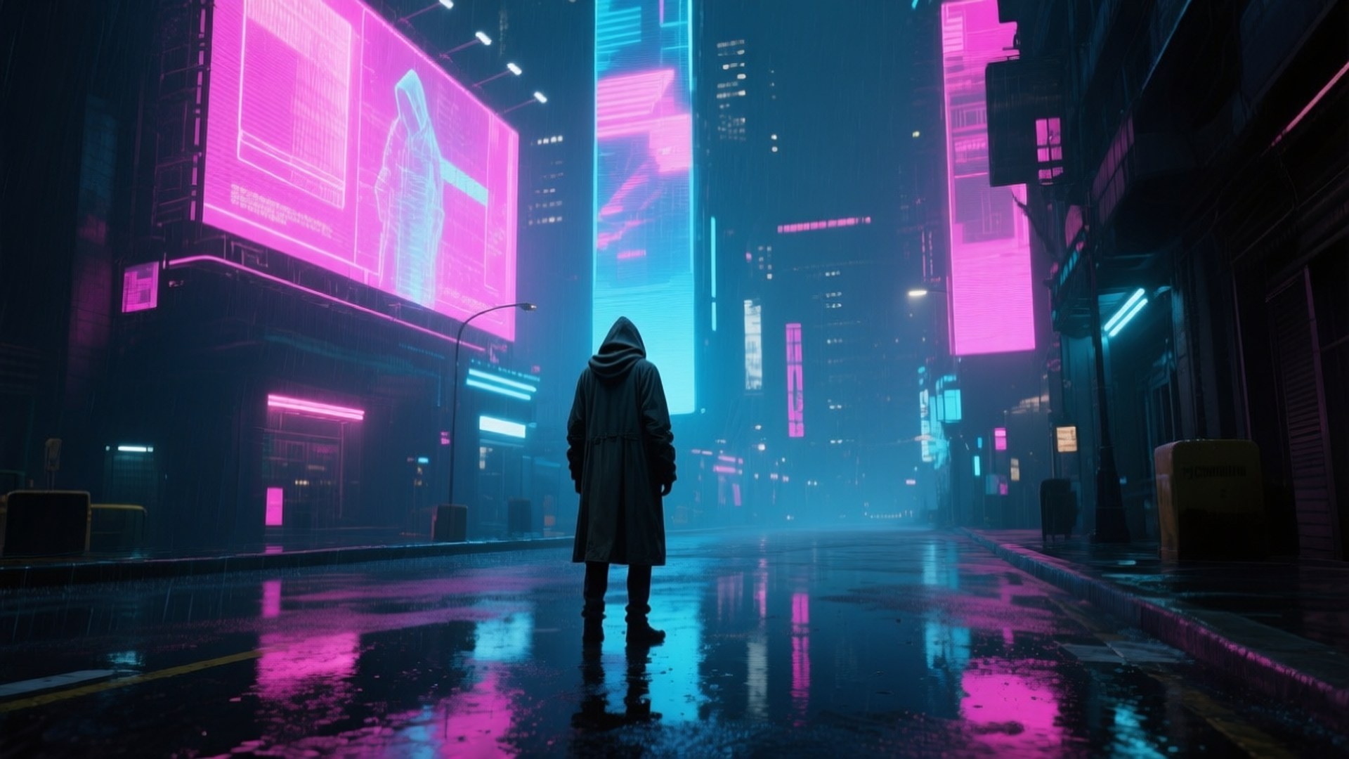 一個穿著連帽外套的人獨自站在雨中的霓虹燈未來城市街道上。