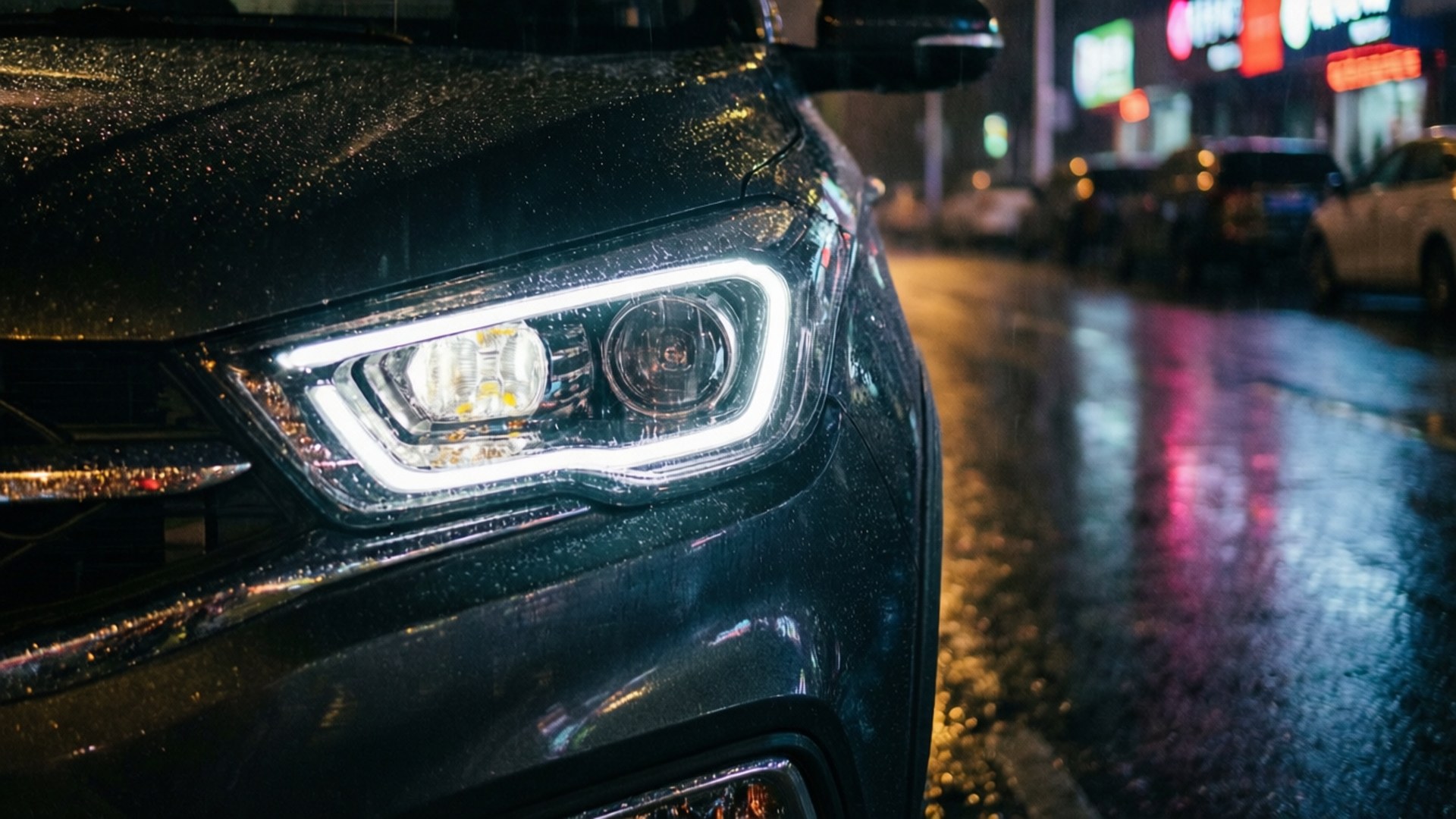 夜晚城市燈光下，汽車頭燈在濕滑街道上閃耀。