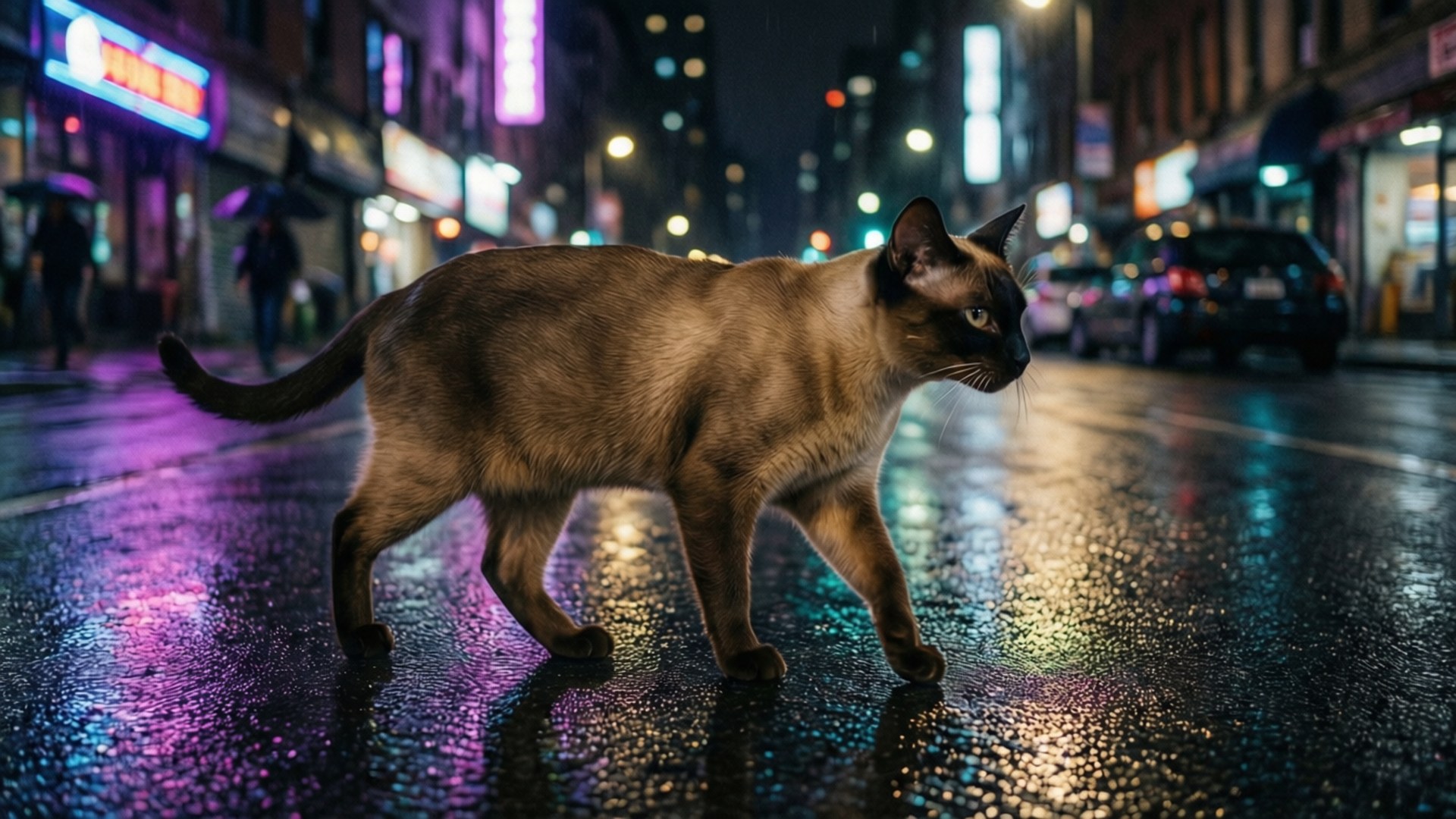 暹羅貓在夜晚霓虹燈下走在潮濕的城市街道上