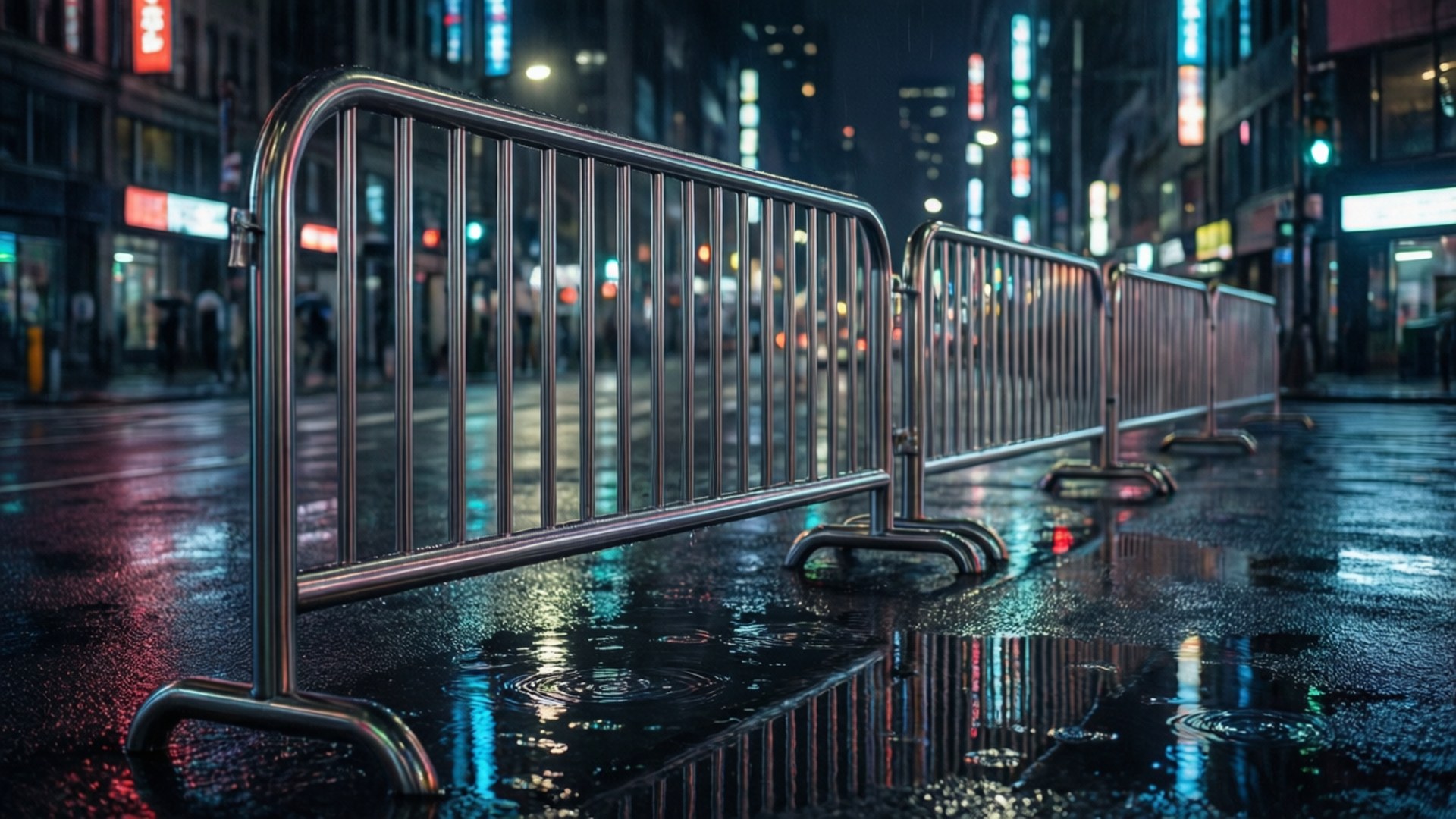 霓虹雨夜的金屬屏障 壁紙 — 雨夜濕滑的城市街道，鍍鉻路障反射著霓虹燈光和濕漉漉的路面。