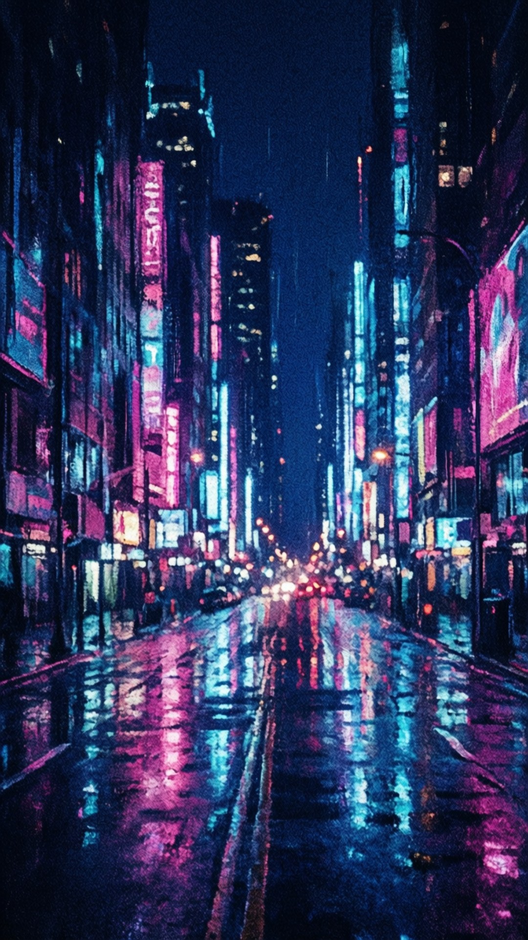 霓虹雨夜顆粒風 壁紙 — 雨濕的霓虹燈照亮夜晚城市街道，鮮豔的粉紅和藍色燈光反射在濕漉漉的路面上。