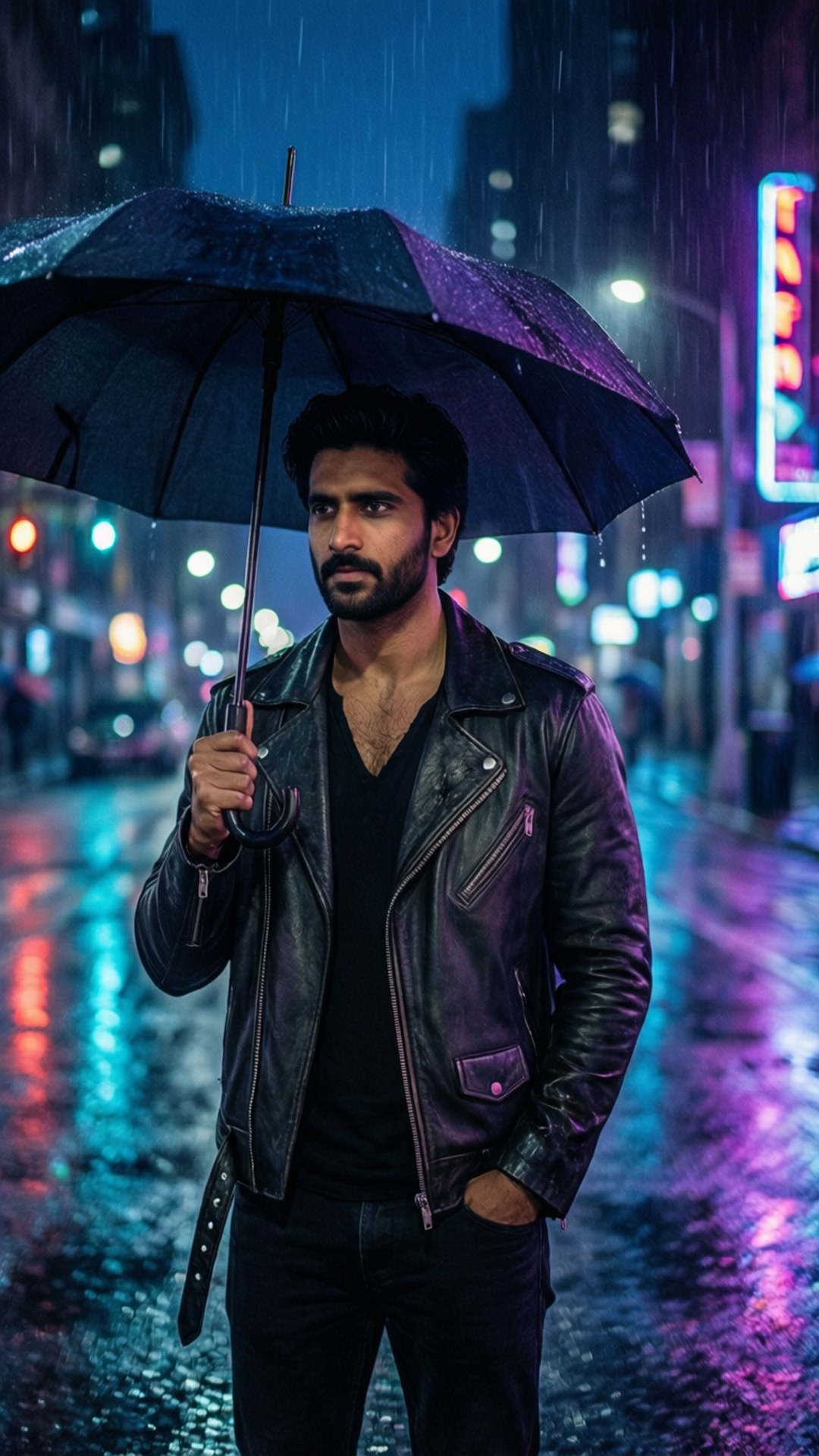 霓虹雨夜騎士 壁紙 — 一個穿著皮褸的男人在夜晚的雨街霓虹燈下撐著傘。