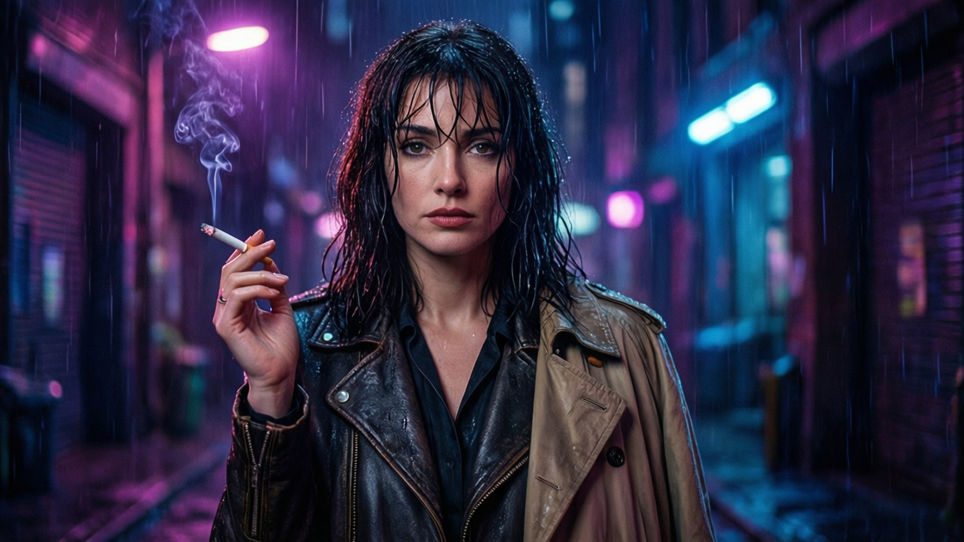 穿皮夾克的女人在雨中霓虹燈小巷抽煙。