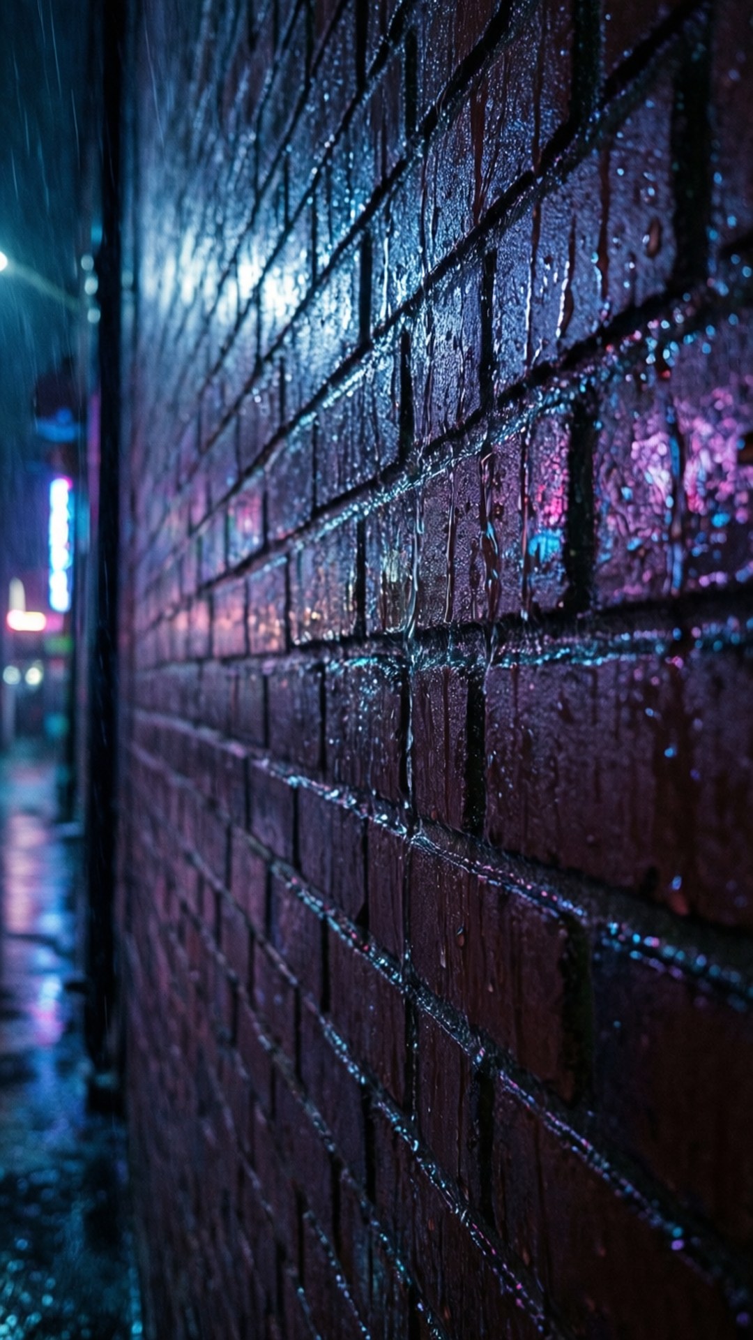 夜間城市小巷中，被霓虹燈照亮的潮濕磚牆。
