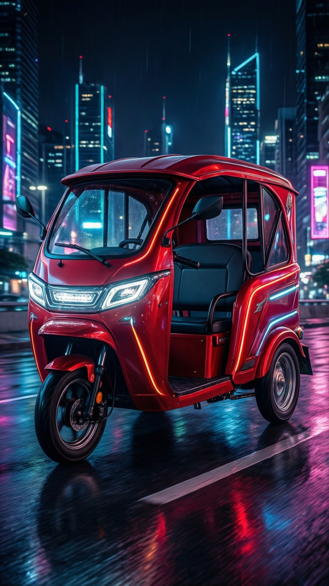 夜晚霓虹燈下，濕漉漉街道上的紅色電動三輪車。
