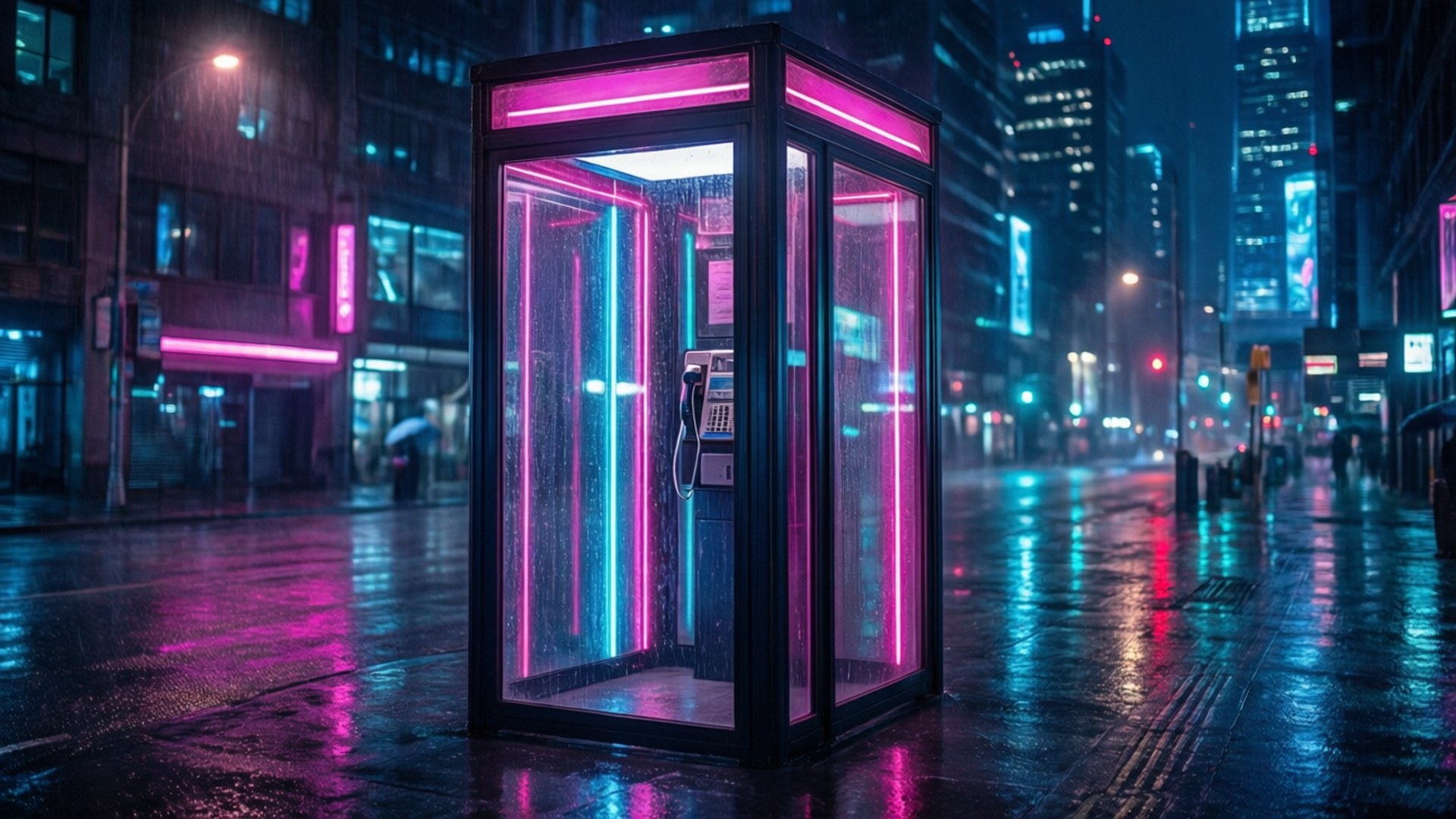 一個發光的電話亭在夜晚雨中的城市街道上，帶有霓虹燈反射。
