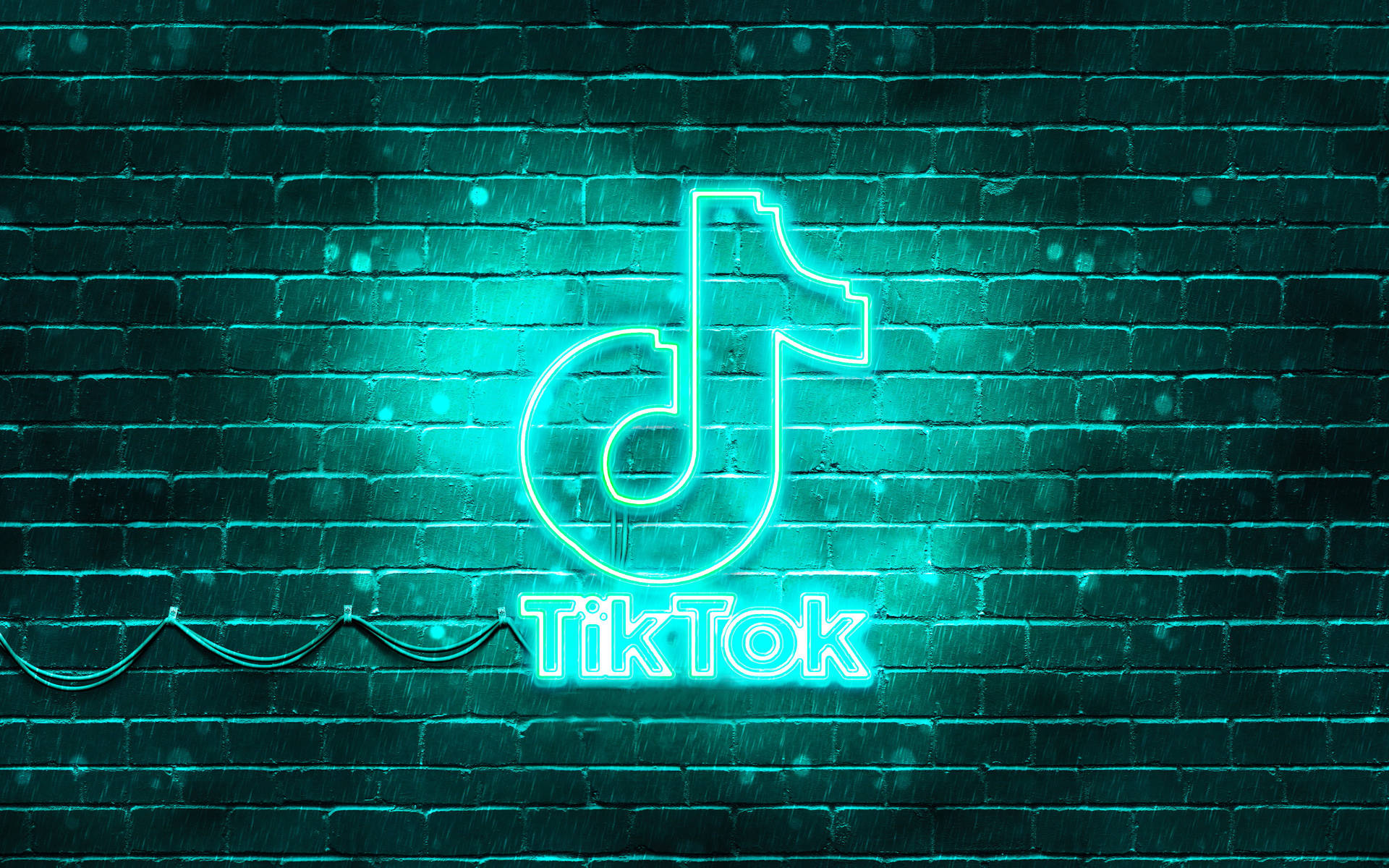 夜間在濕磚牆上發光的霓虹TikTok標誌。