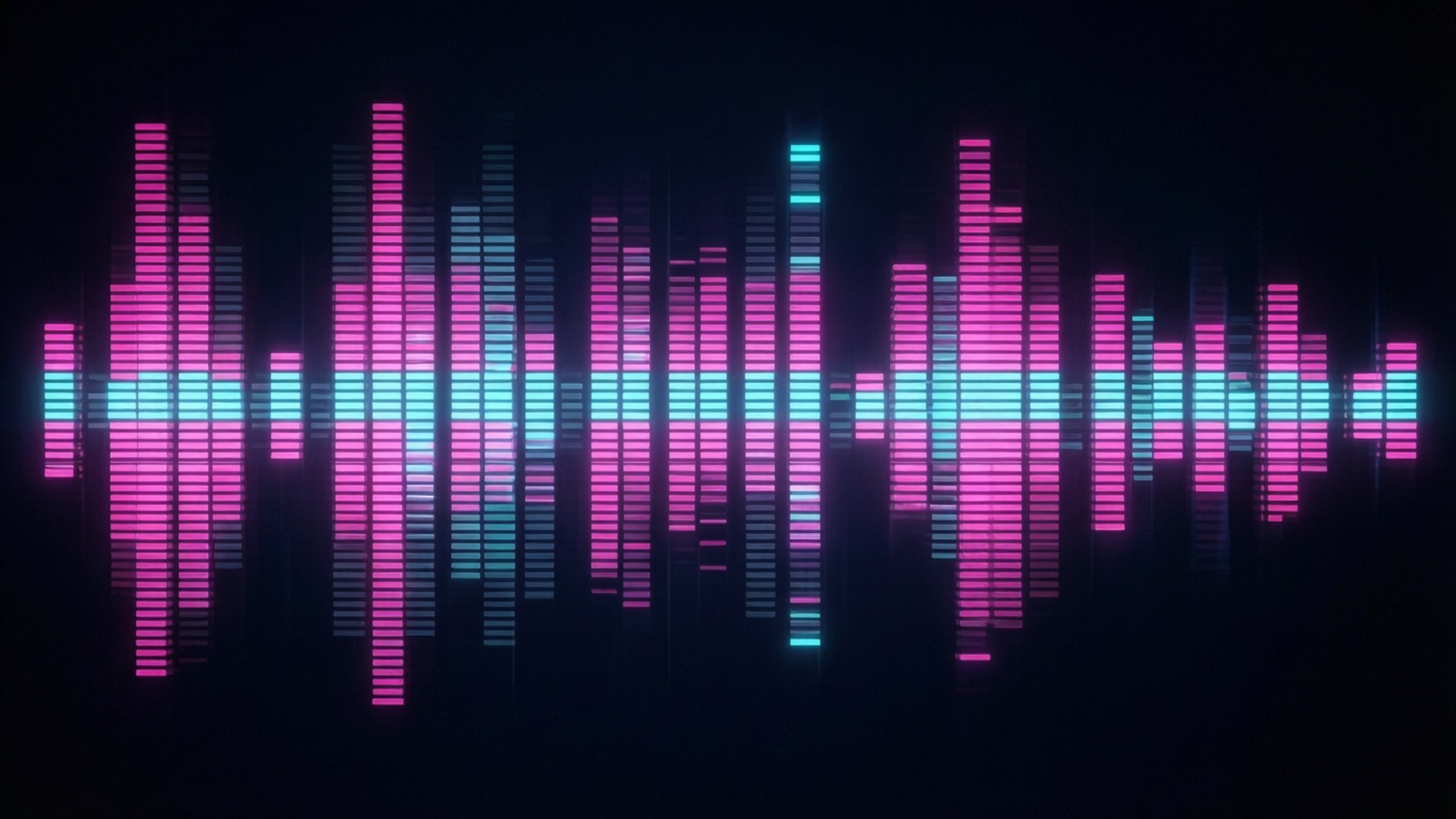 霓虹音視覺化器 壁紙 — 充滿活力的粉紅色和青色數碼音頻均衡器條在深色背景上脈動。