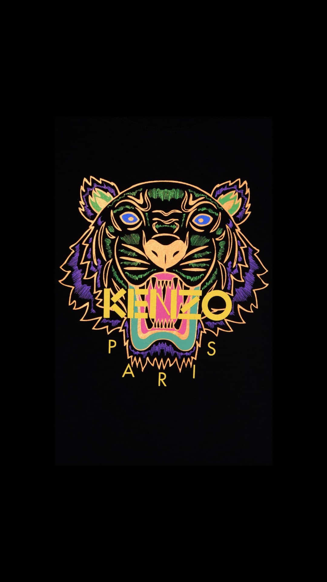 Kenzo Paris 老虎標誌，霓虹色，黑色背景