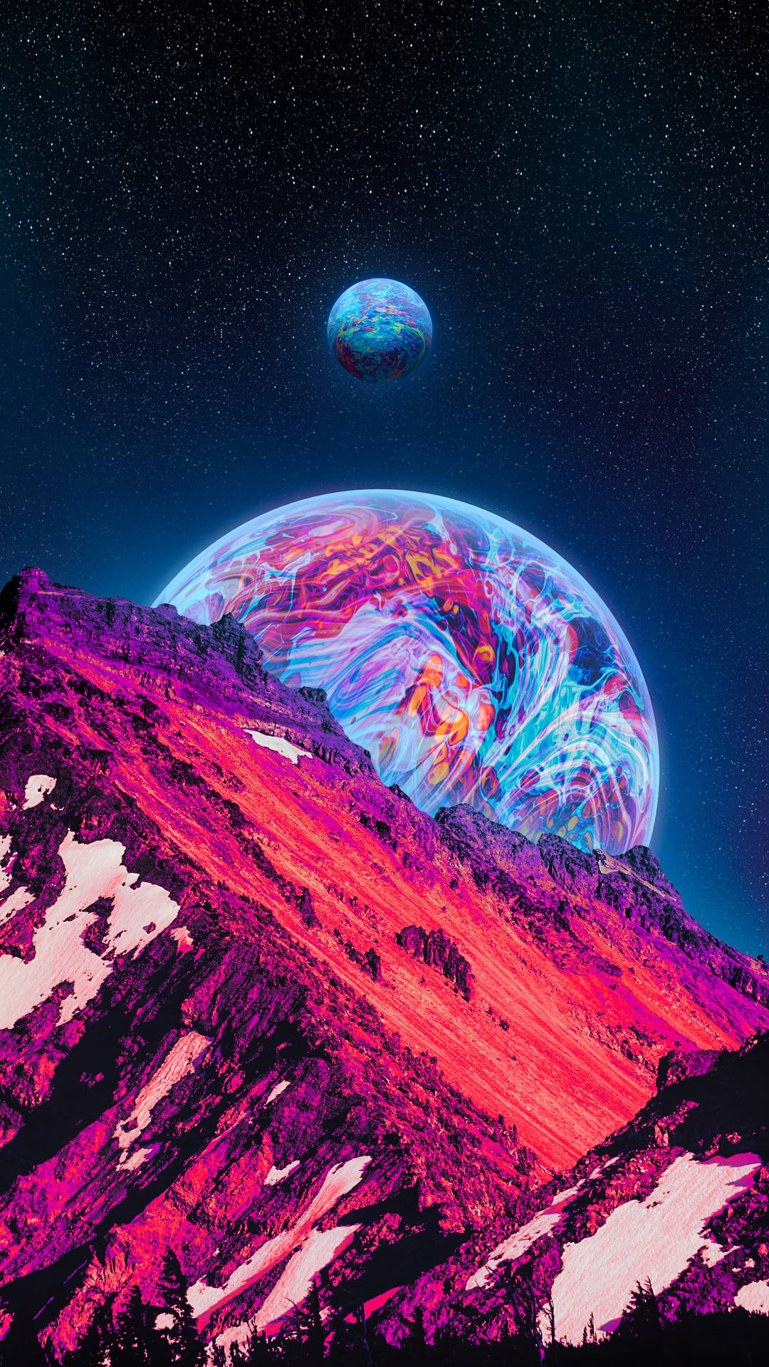 霓虹粉紅的山脈，一顆發光的宇宙行星在星空下從其後升起。