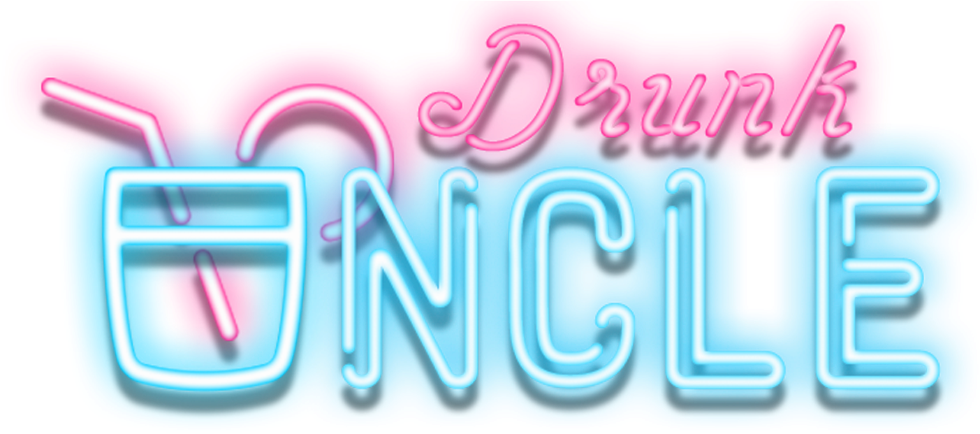 霓虹風格「醉叔叔」文字圖形 壁紙 — 鮮豔的霓虹燈牌寫著「Drunk ONCLE」，並帶有發光的雞尾酒杯圖標，背景為黑色。