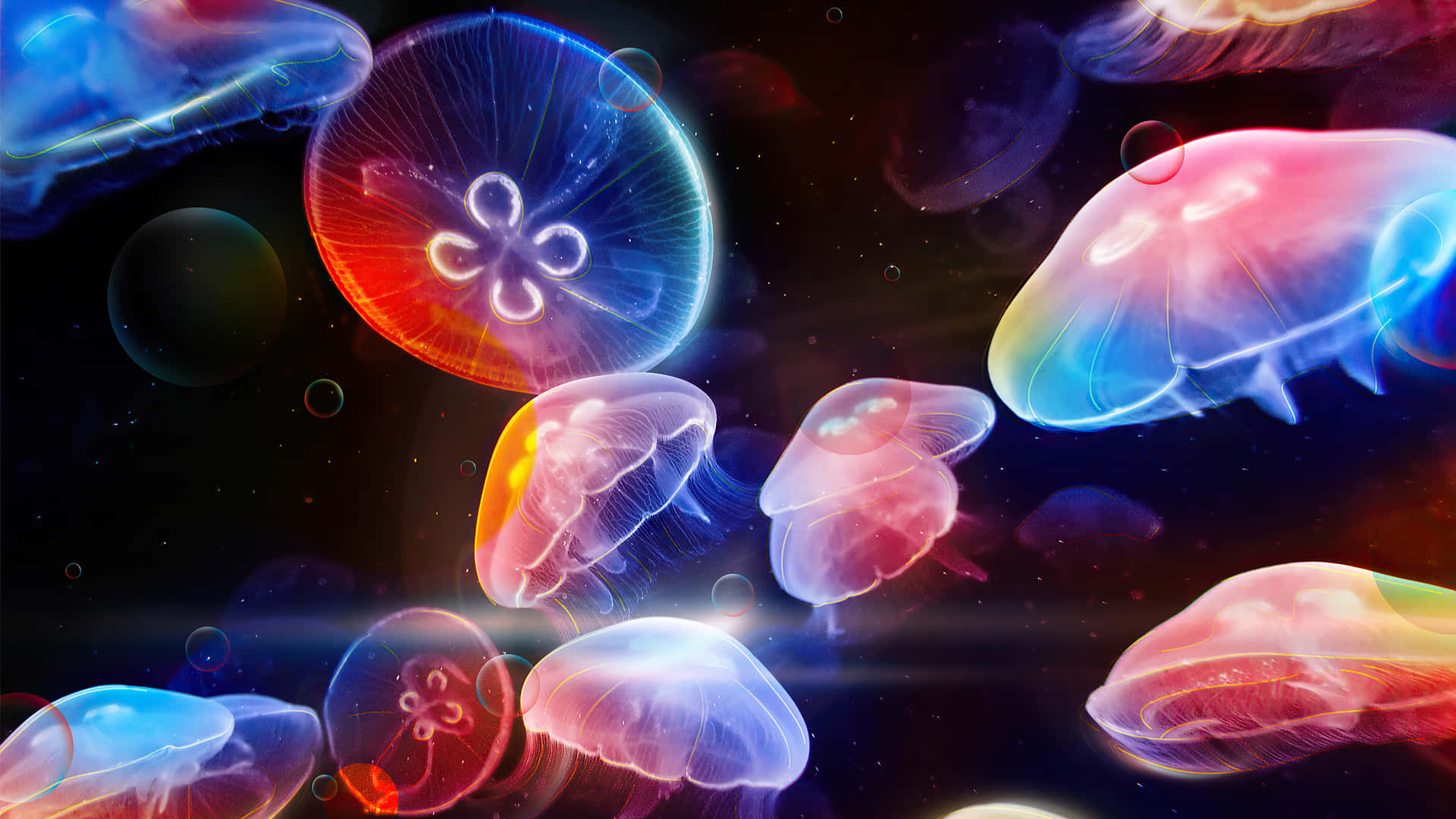 發光的水母在黑暗的宇宙海中漂流，伴隨著漂浮的球體和耀眼的色彩。