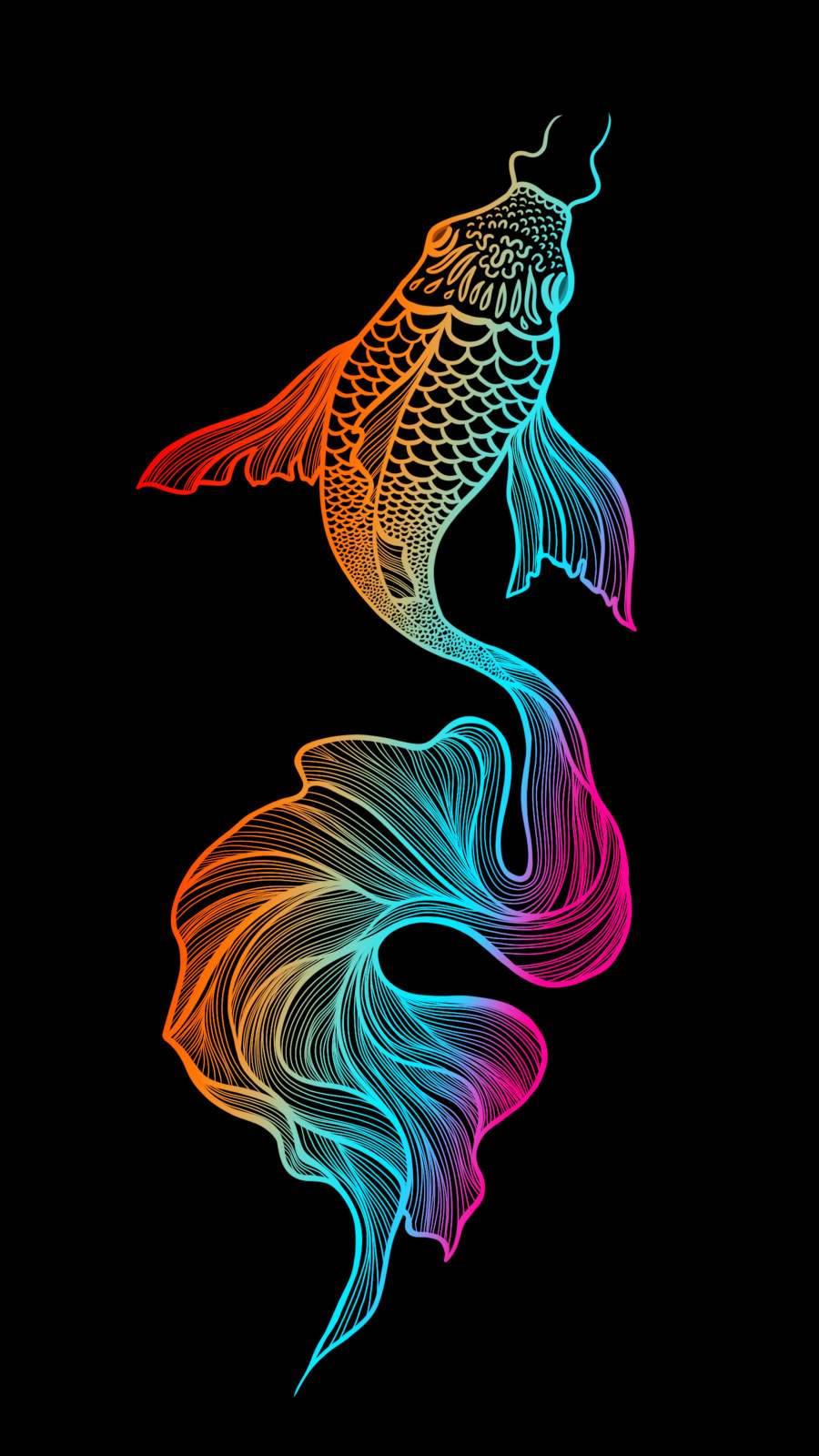 霓虹魚藝術 iPhone 壁紙 — 一條色彩鮮豔的霓虹錦鯉，擁有流動的魚鰭和鱗片，在黑色背景上發光，呈現出風格化的數位藝術設計。