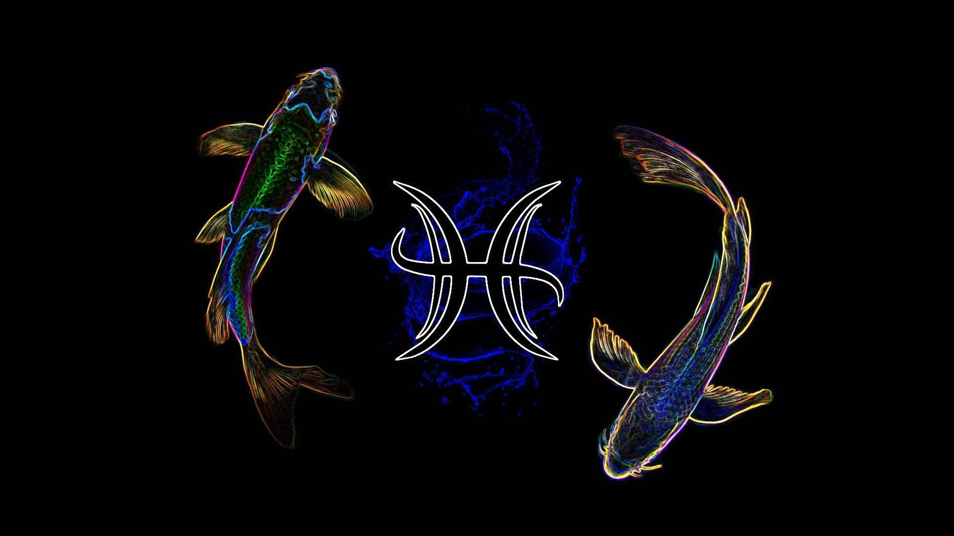 霓虹鯉魚雙魚座符號 壁紙 — 兩條發光的錦鯉在黑色背景上圍繞白色雙魚座符號向相反方向游動。