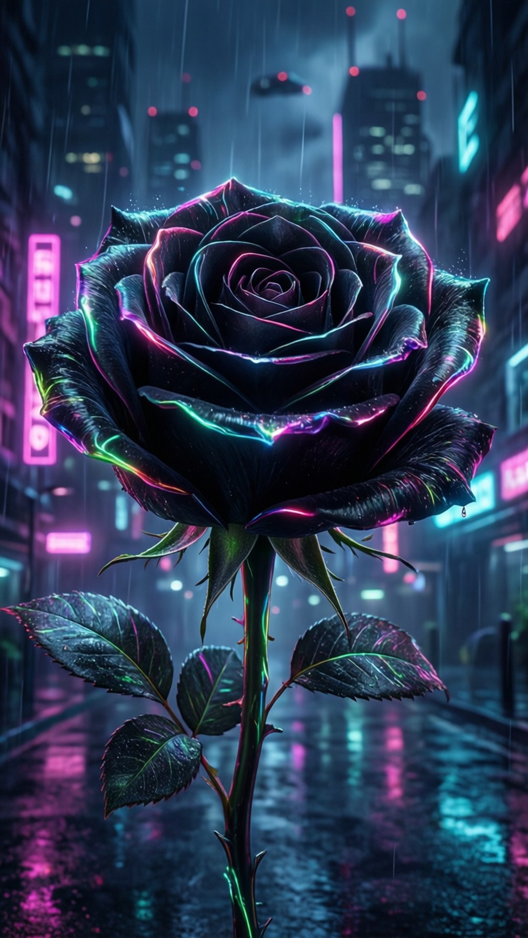 霓虹黑玫瑰賽博龐克 壁紙
