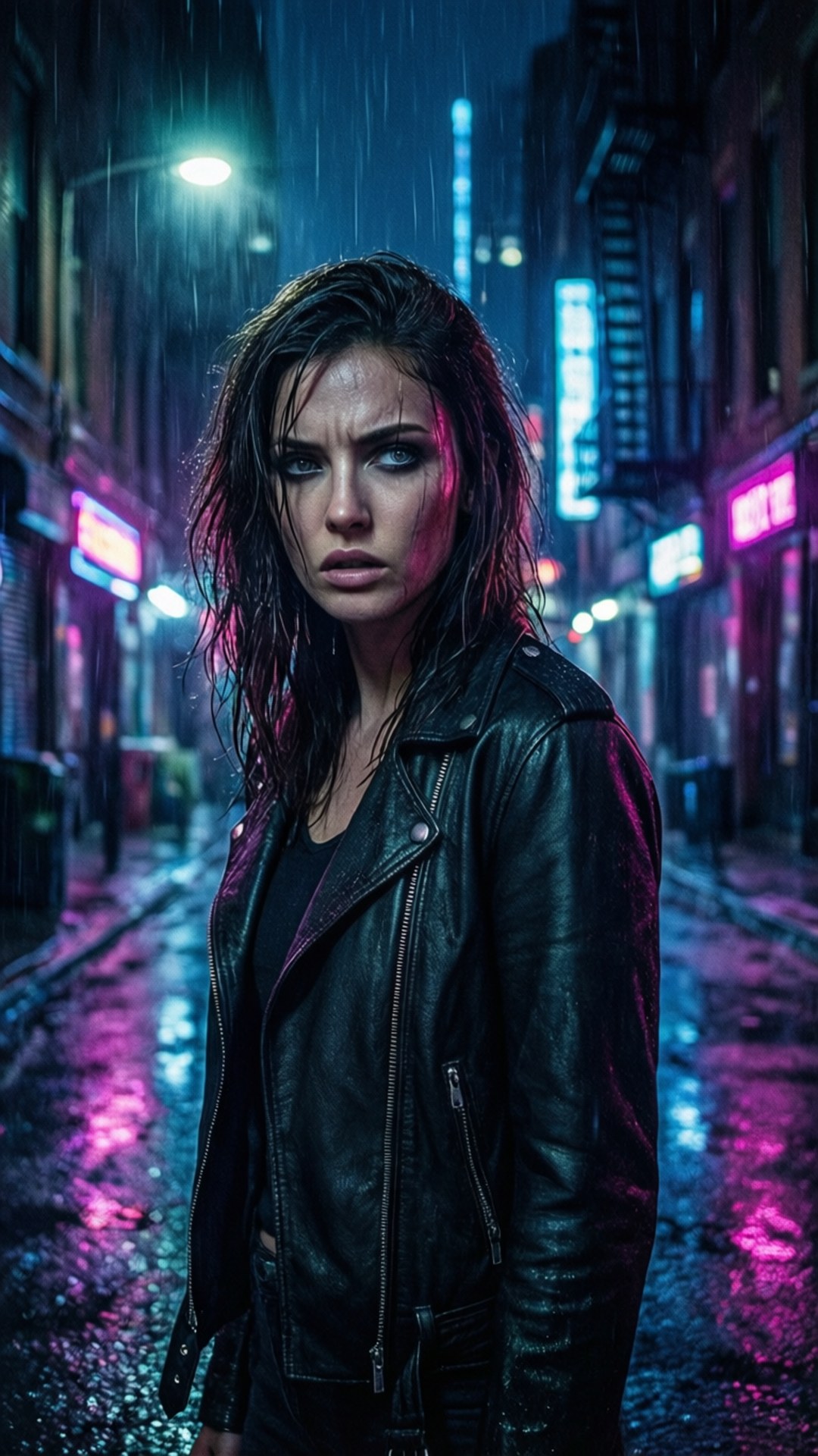 霓虹黑與柔光 Chloe 壁紙 — 一名身穿黑色皮褸的女子站在雨濕的霓虹燈城市街道上，夜晚中發光的招牌倒映在濕漉漉的路面上。