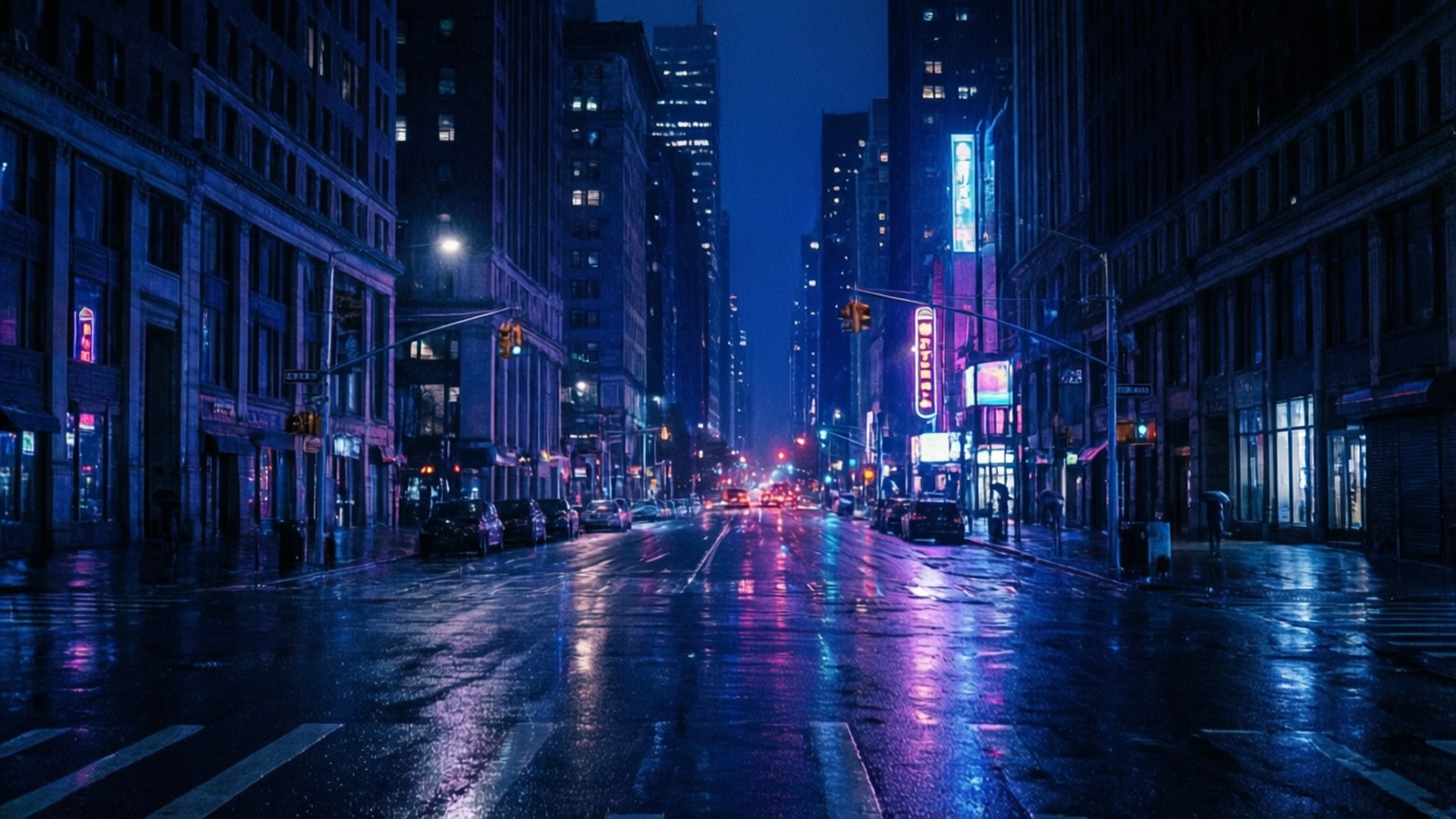 霓虹黑色城市 壁紙 — 雨濕的城市街道在夜晚反射著高聳建築物的霓虹燈光，在深藍色的天空下。