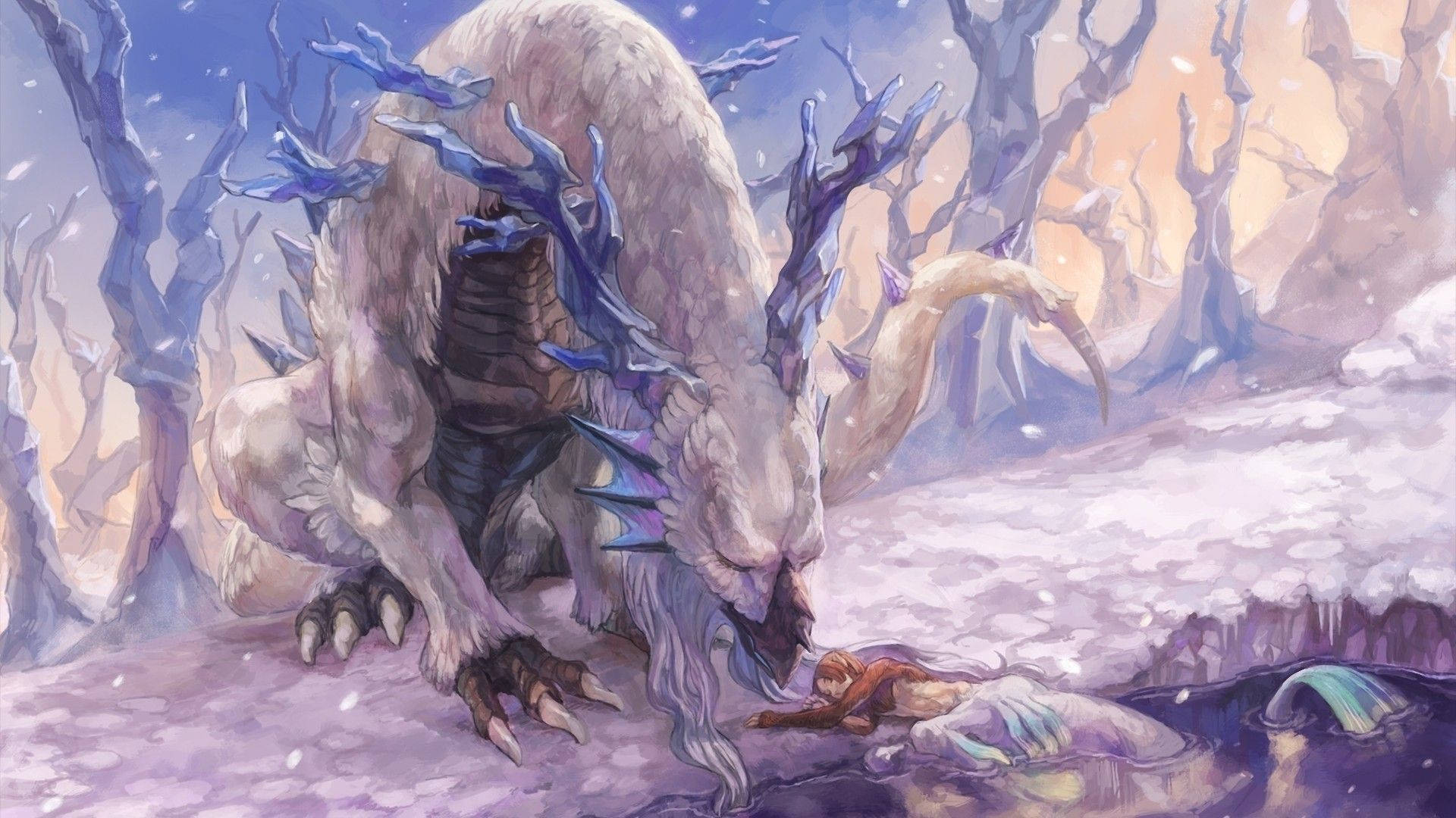 霜冰龍 壁紙 — 一隻擁有藍色水晶角的巨大冰龍，聳立在雪白荒蕪森林中一名倒下的戰士上方。