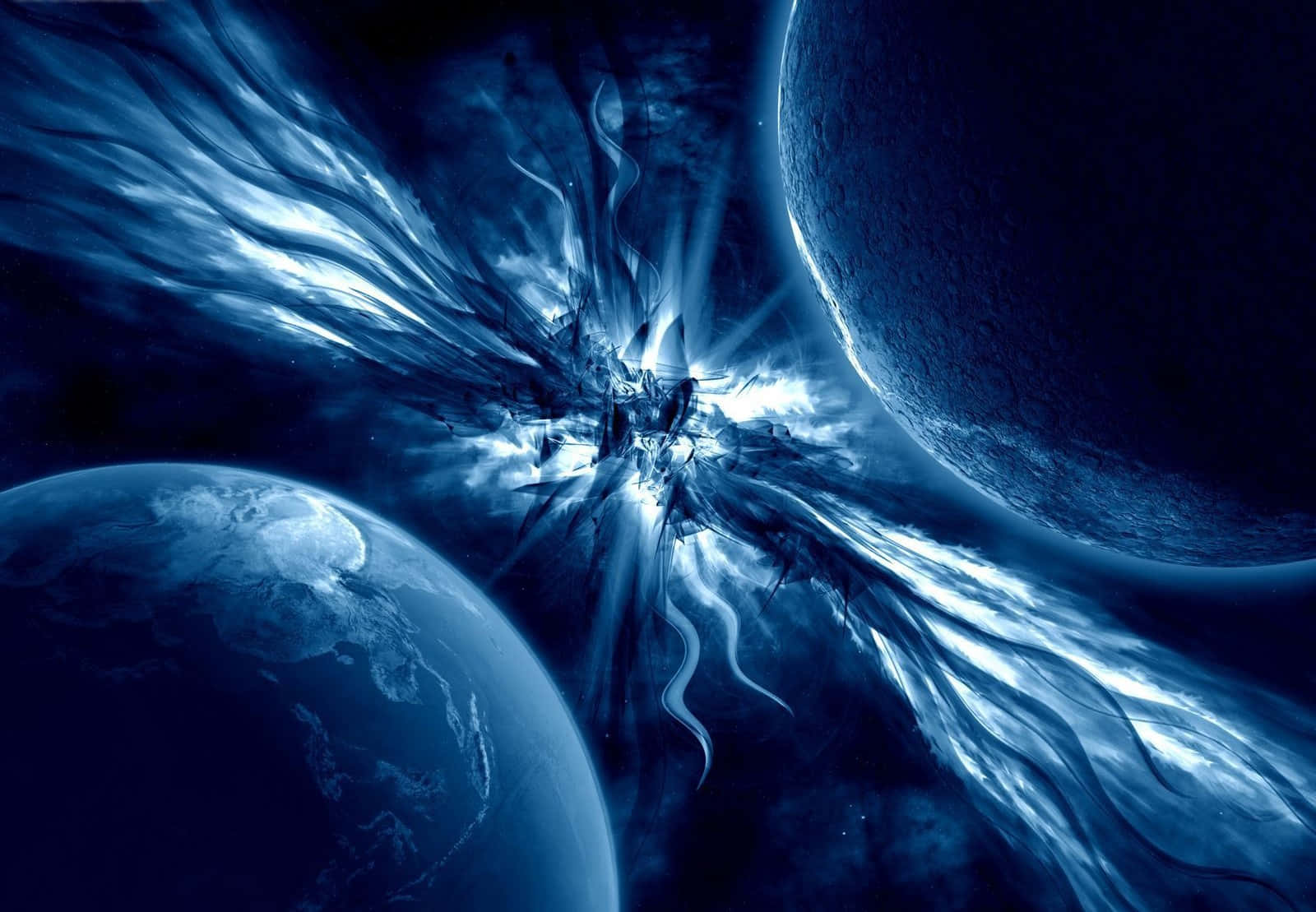 霜凍冬晨風景 壁紙 — 宇宙爆炸在深空兩顆行星之間輻射出藍色能量。